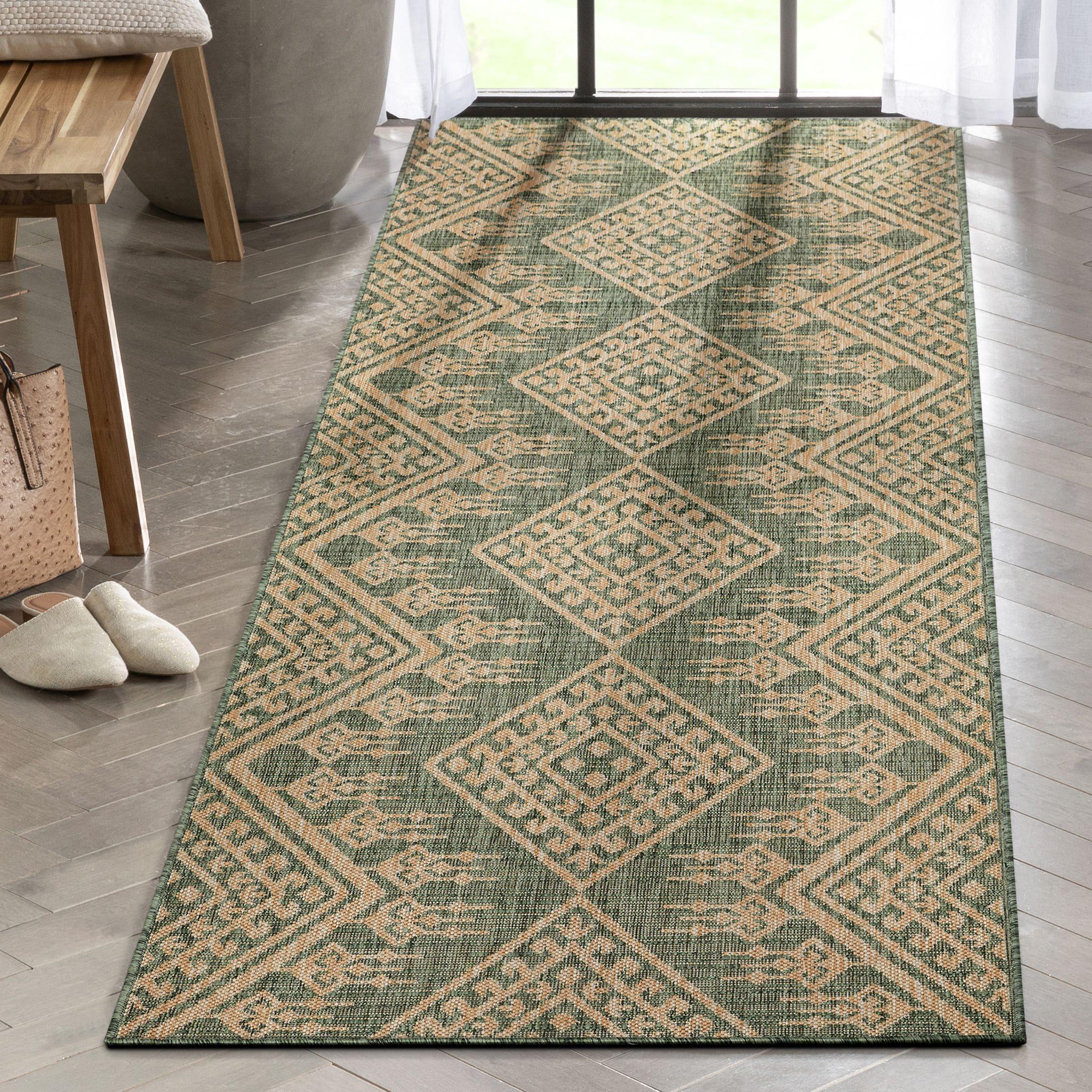 Well Woven Cascade Diamond Pattern Indoor/Outdoor Green Flat-Weave Rug