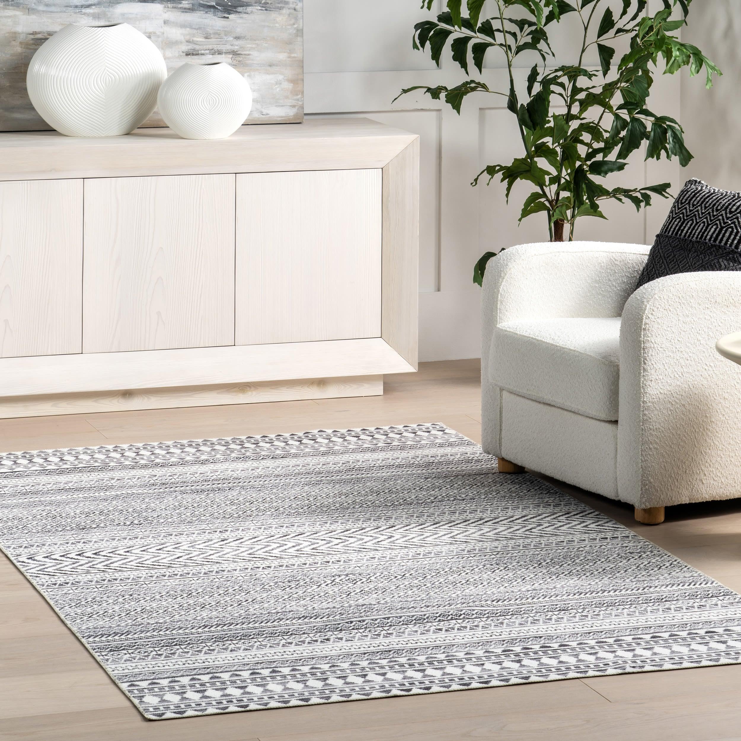 Nuloom Kira Striped 5x8 Machine Washable Indoor Area Rug for Living Room Bedroom Dining Room Kitchen, Grey/Ivory