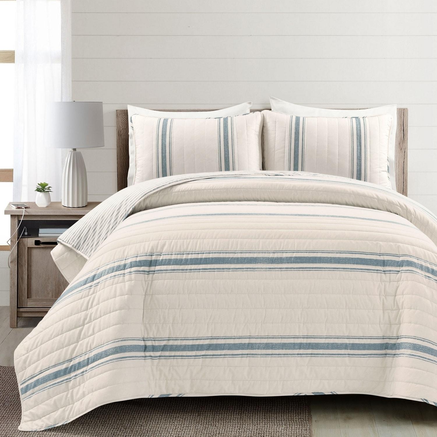 Lush Decor Farmhouse 460 Thread Count Striped 3 Piece Quilt Sets, King with Pillow Shams