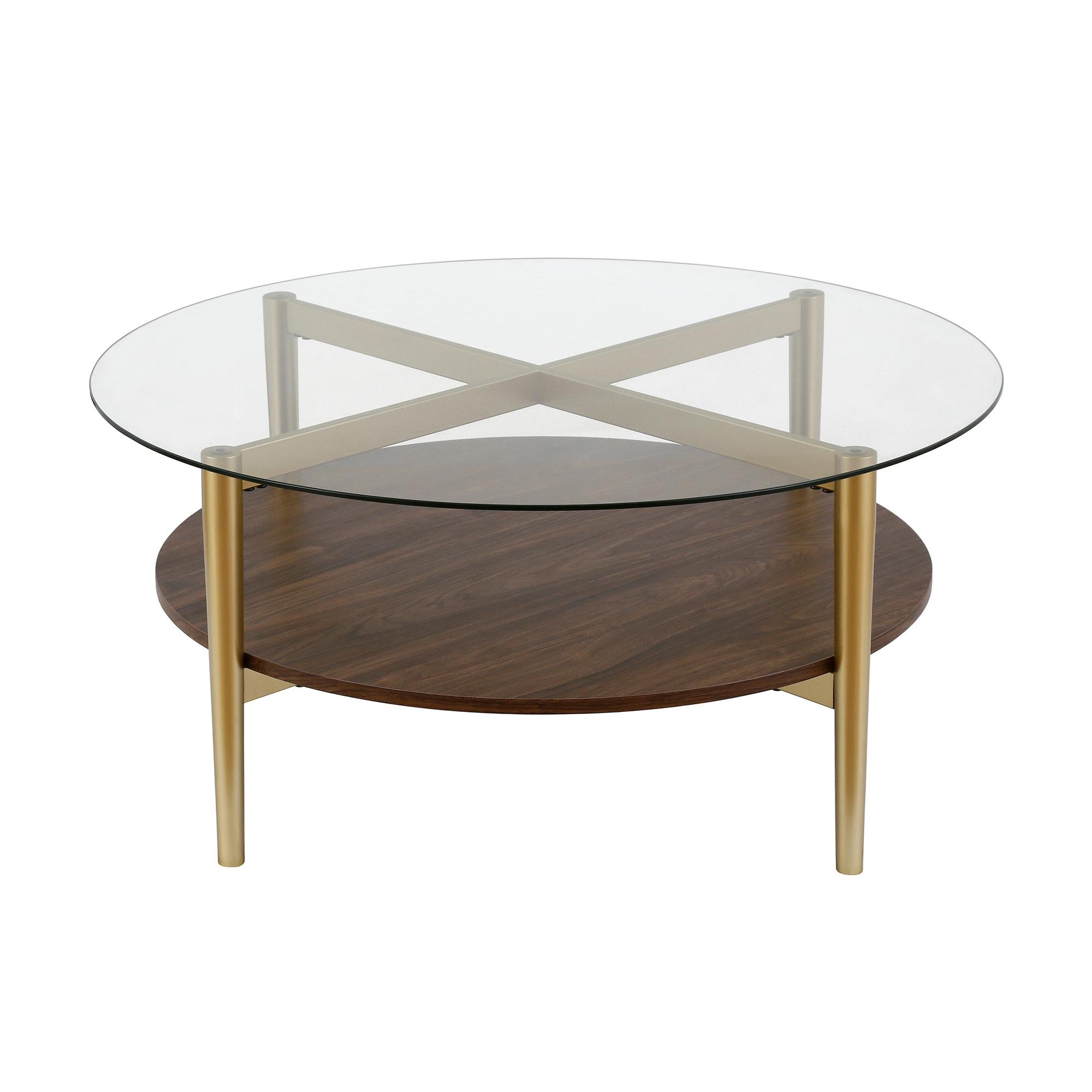 Evelyn&Zoe Otto 36" Wide Round Coffee Table with MDF Shelf, Gold/Walnut