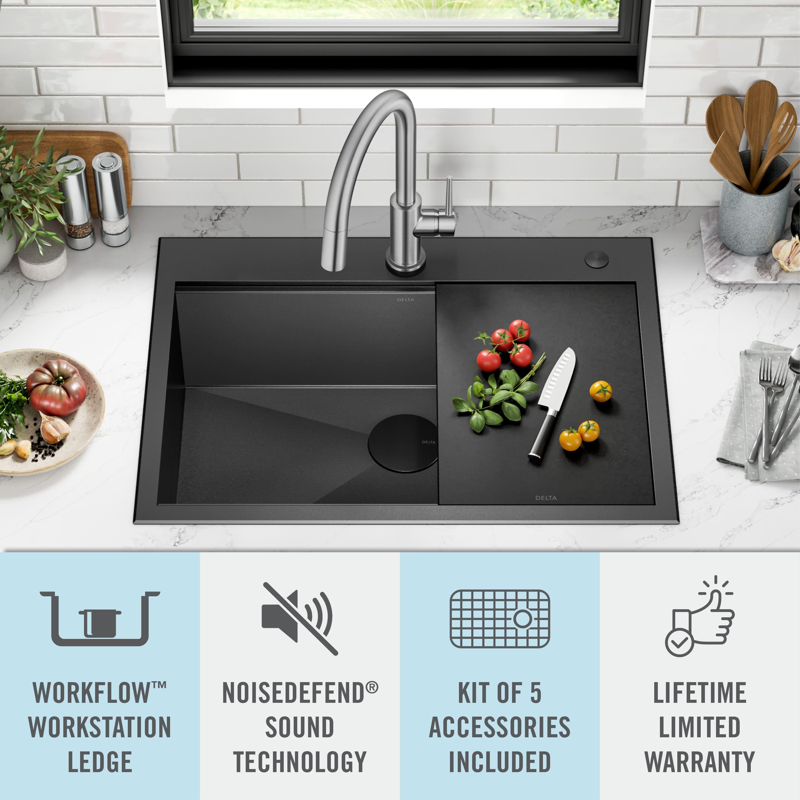 Delta Rivet™ Black Stainless Steel Drop-In Top Mount 16 Gauge Workstation Kitchen Sink Single Bowl