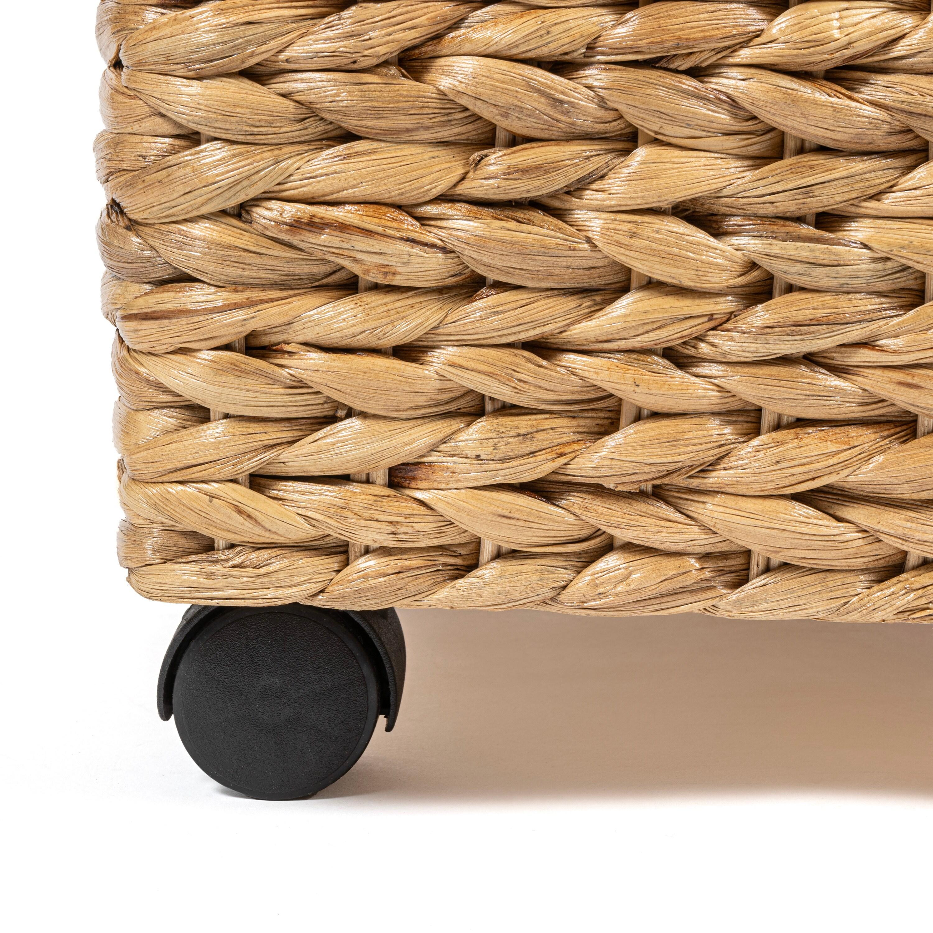 happimess Chett 26.38" Minimalist Hand-Woven Hyacinth/Wood Underbed Storage Bin with Wheels and Handles