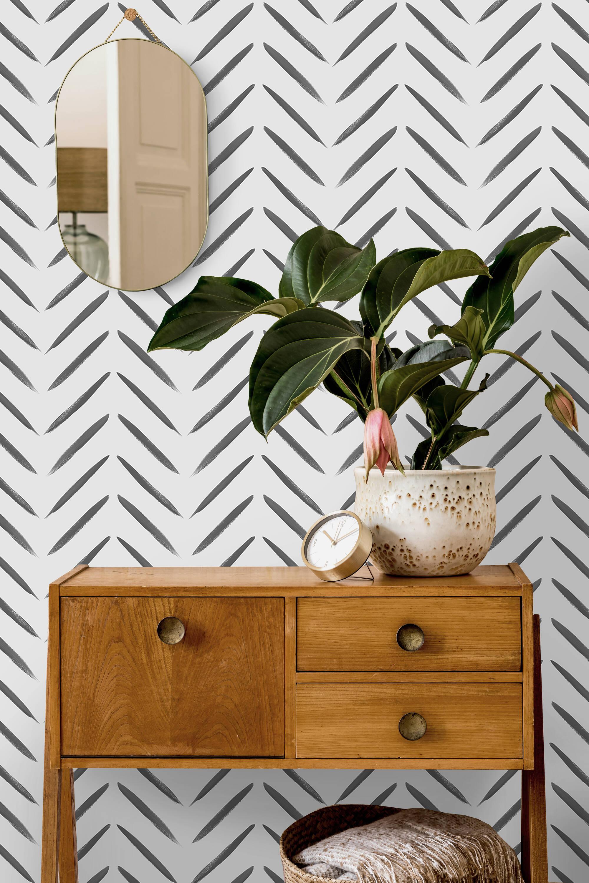 Holden Chevron Brush Marks Black and White Wallpaper: Modern Non-Pasted Paper, Classic Pattern, Washable, 33ft x 20.8in