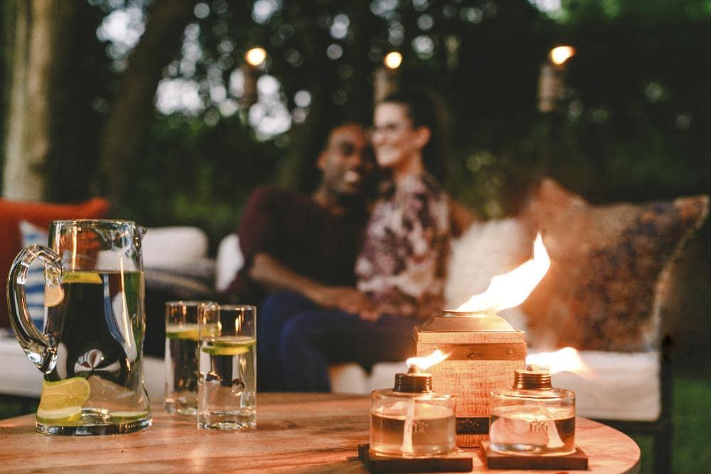 TIKI Mixed Material Tabletop Torch: Weather-Resistant, Smooth Finish, Refillable Fuel Canister, No Assembly Required