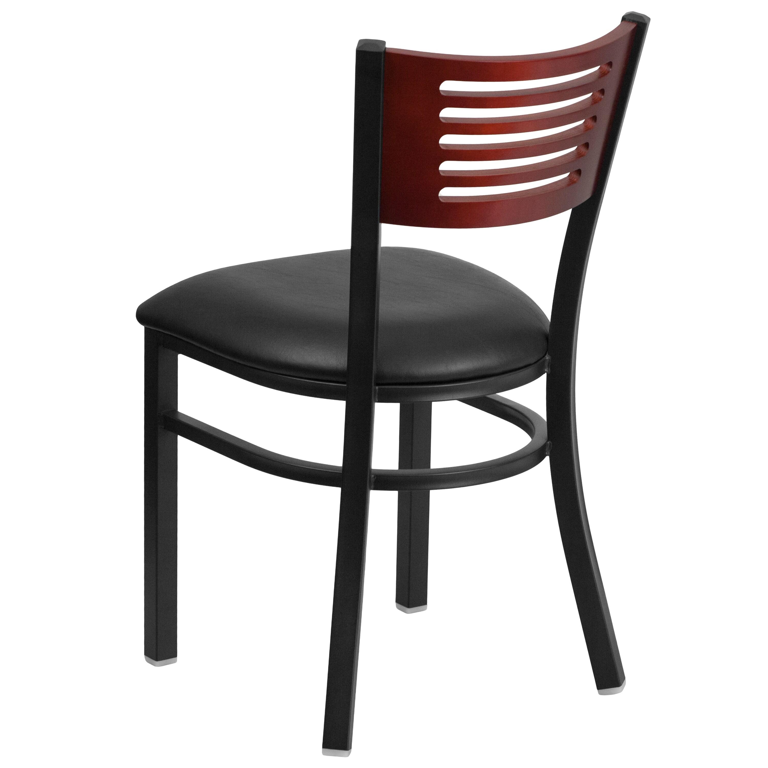 Mahogany Slat-Back Chair with Black Vinyl Seat and Metal Frame