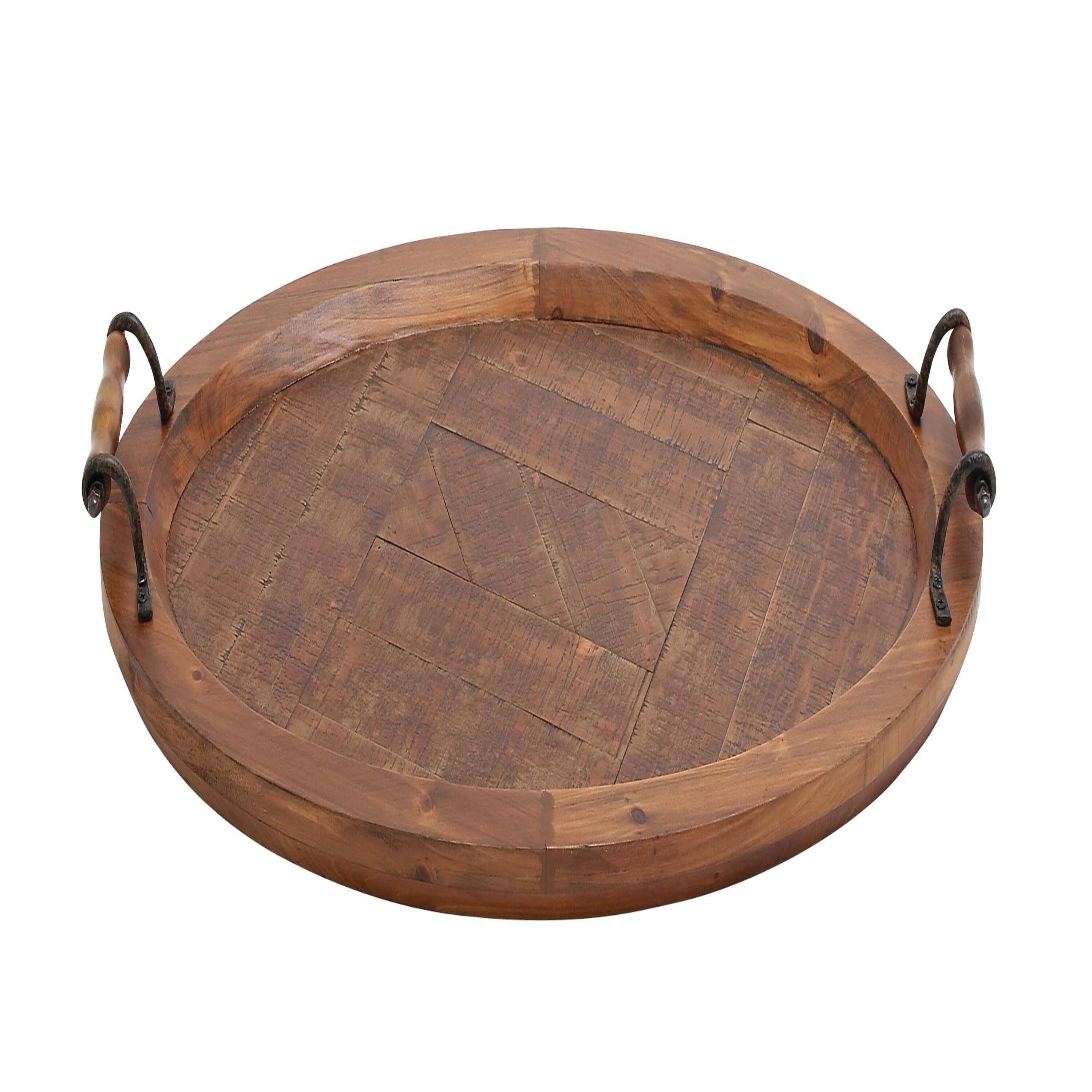 DecMode 29" x 19" Brown Wood Large Oval Tray with Scroll Metal Handles, 1-Piece