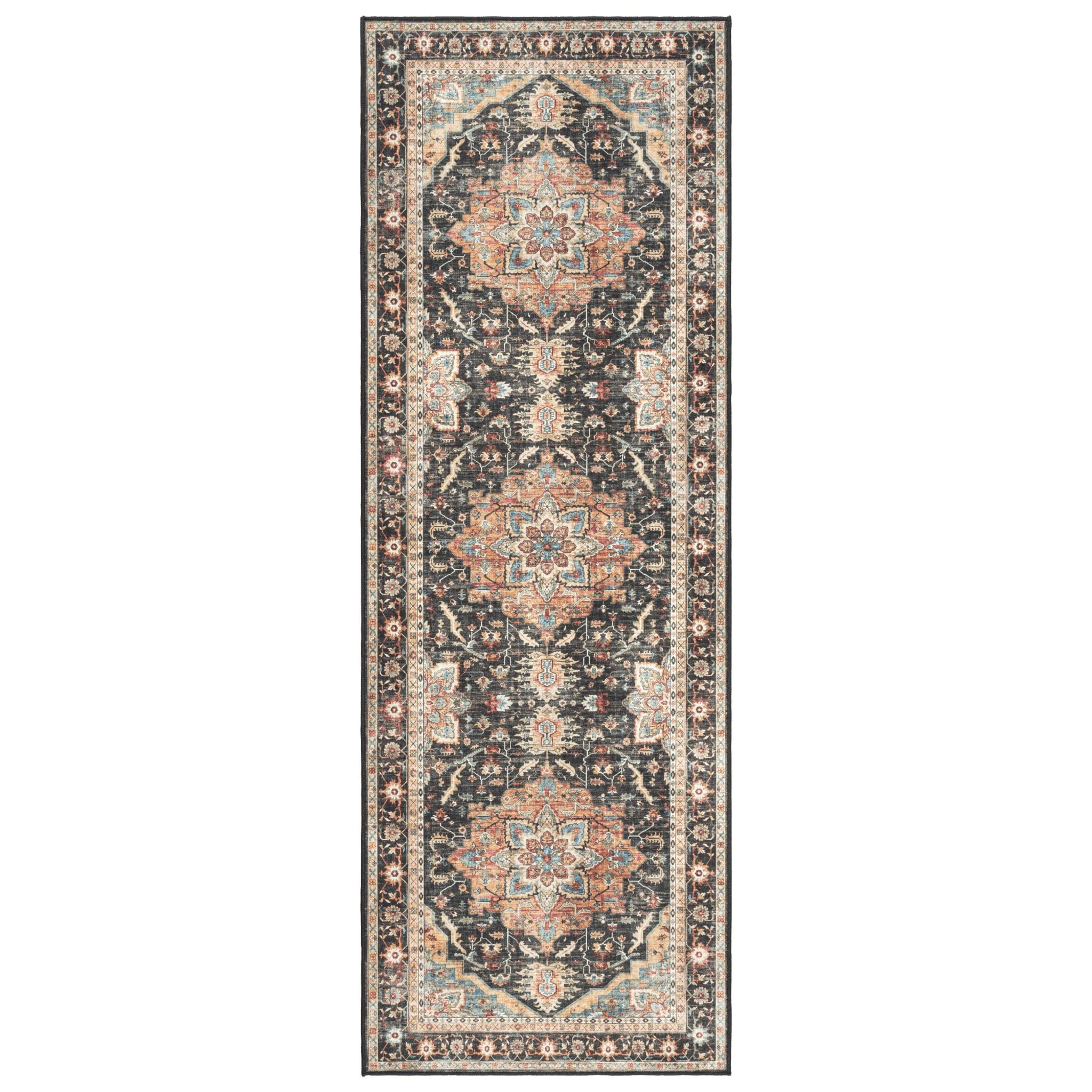 Gertmenian Crystal Print Tiefi Black Beige Multi Traditional Medallion Washable Flat Pile Indoor Area Rug