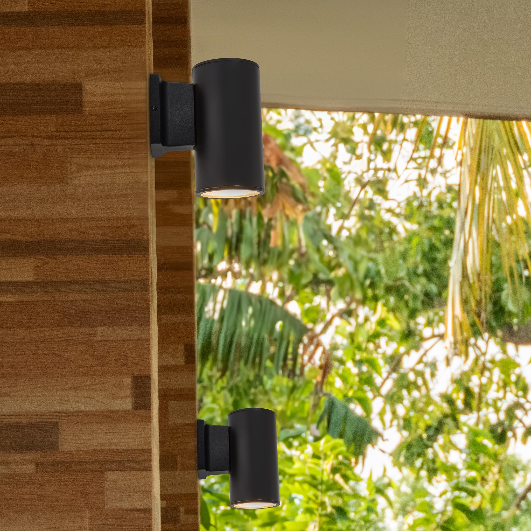 Maxxima Cylinder LED Outdoor Wall Light, Modern Wall Wash, 12 Watt, 1050 Lumens, 5 CCT 2700K/3000K/3500K/4000K/5000K, Dusk to Dawn Photocell Sensor, Exterior Garage, Patio, or Porch Lighting, Black
