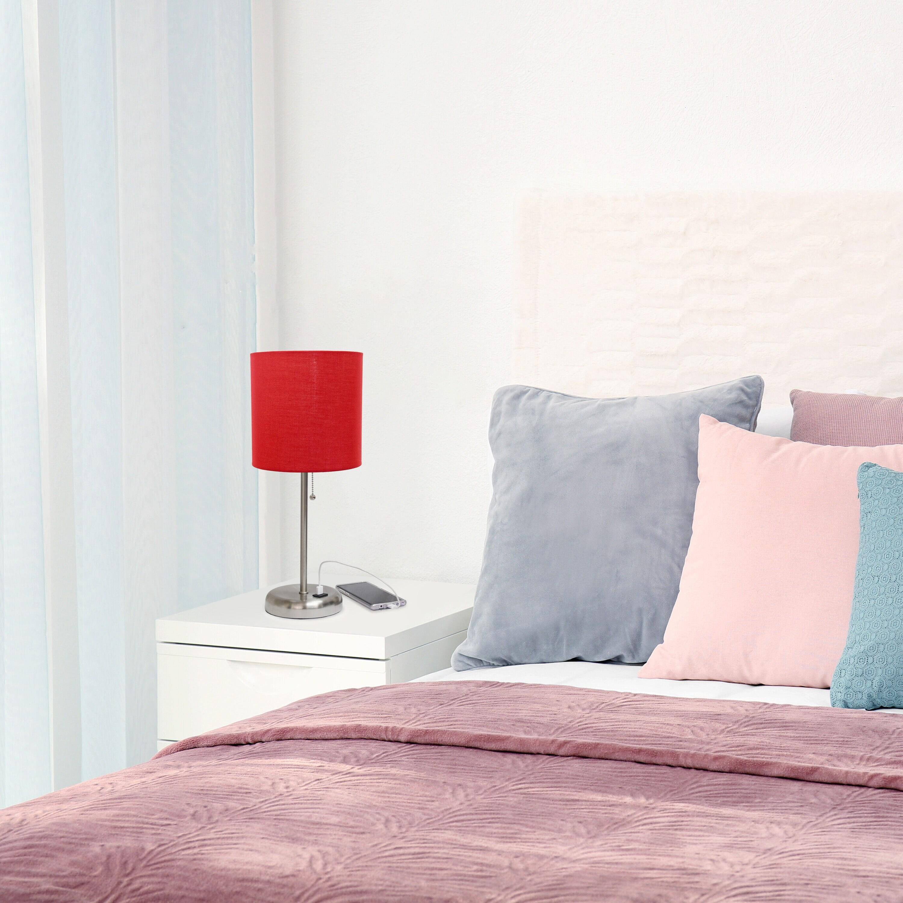 Creekwood Home 19.5" Bedside USB Port Feature Metal Table Desk Lamp Brushed Steel with Red Fabric Shade