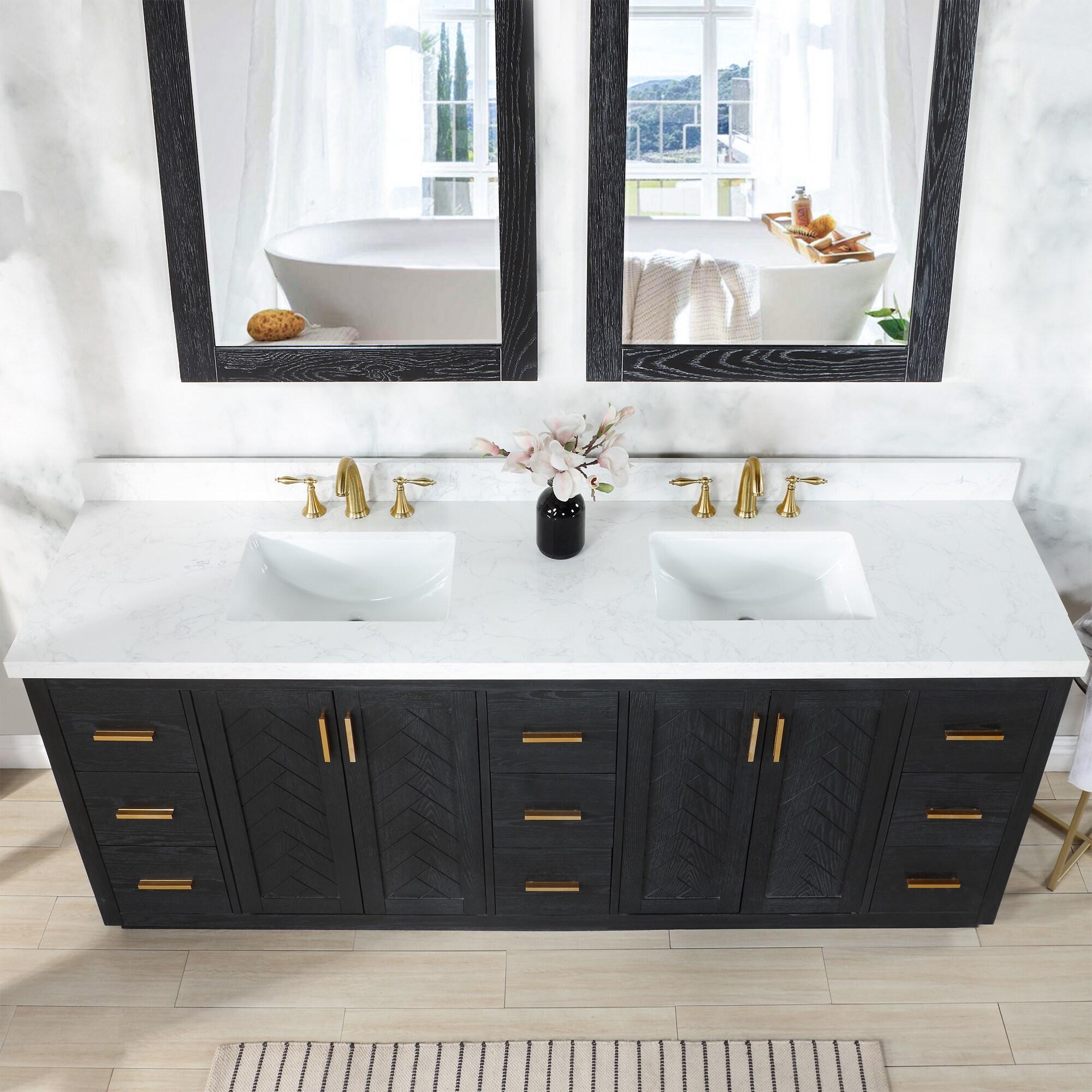 Altair Gazsi Wood Vanity with Composite Stone Top, 84" Black Oak, No Mirror