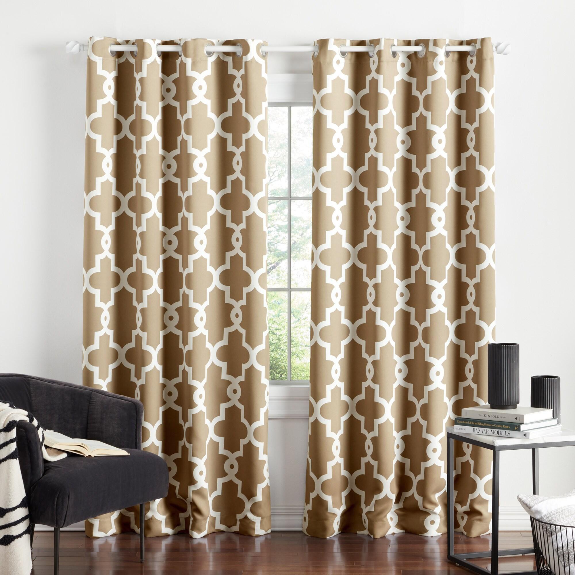 TOWN & COUNTRY EVERYDAY Ironwork Geo Trellis Sateen Indoor Curtains, Room Darkening Blackout, Grommet Top, Energy Efficient, 2-Pack Set, 52"x108", Taupe