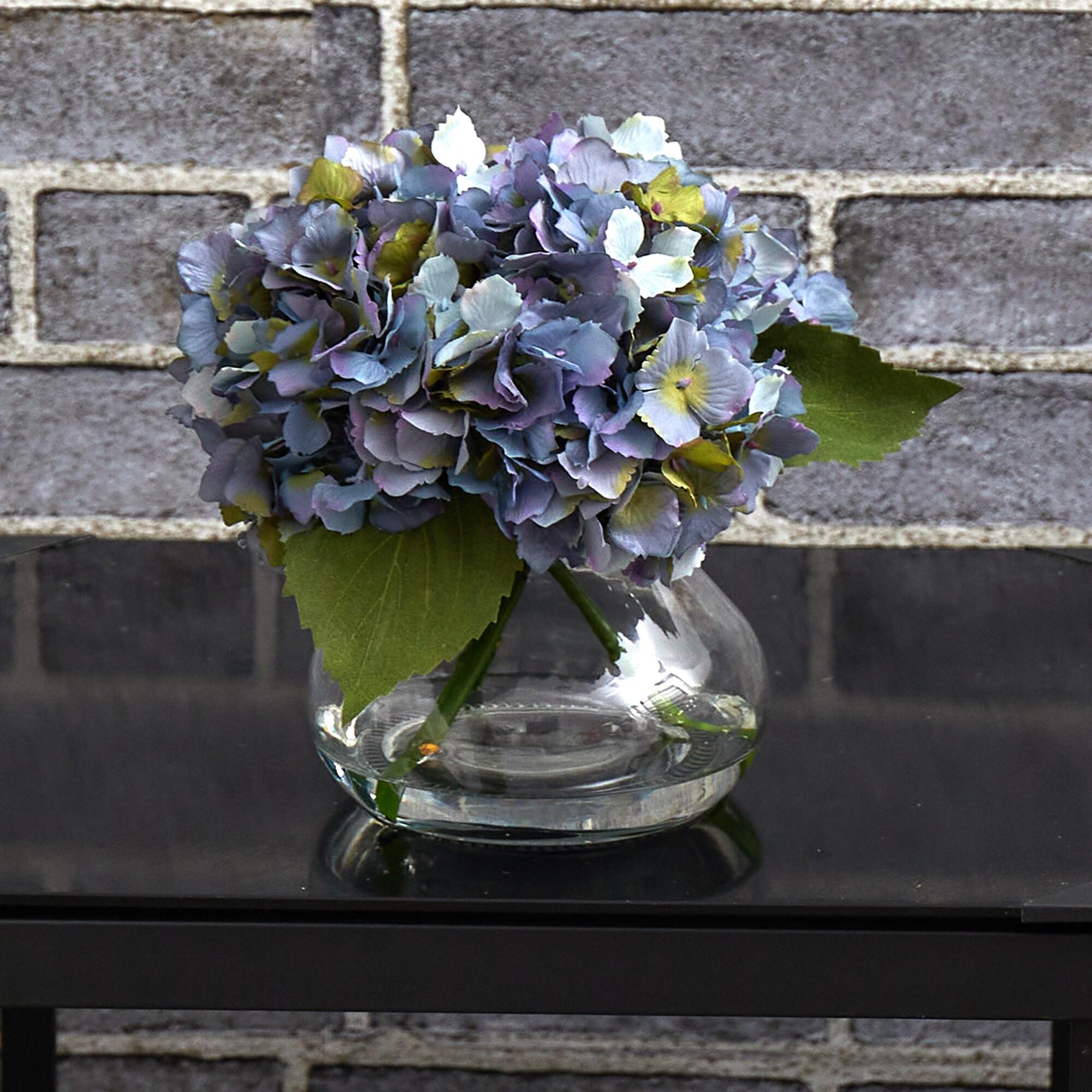 Nearly Natural Blooming Hydrangea with Decorative Vase/Faux Water in Blue/Clear