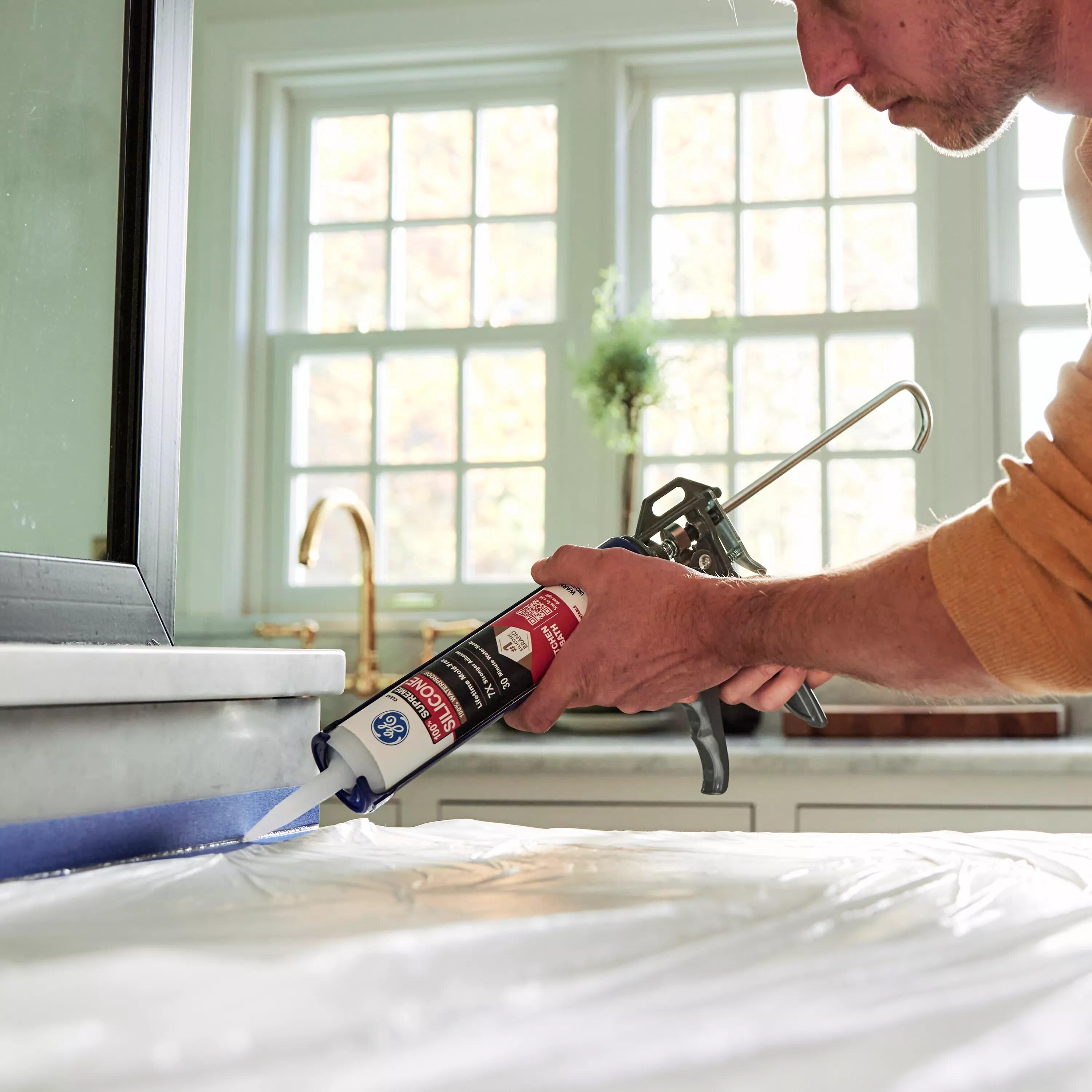 Kitchen, Bath & Plumbing Silicone Caulk, Almond, 10.1oz., Momentive, M90010