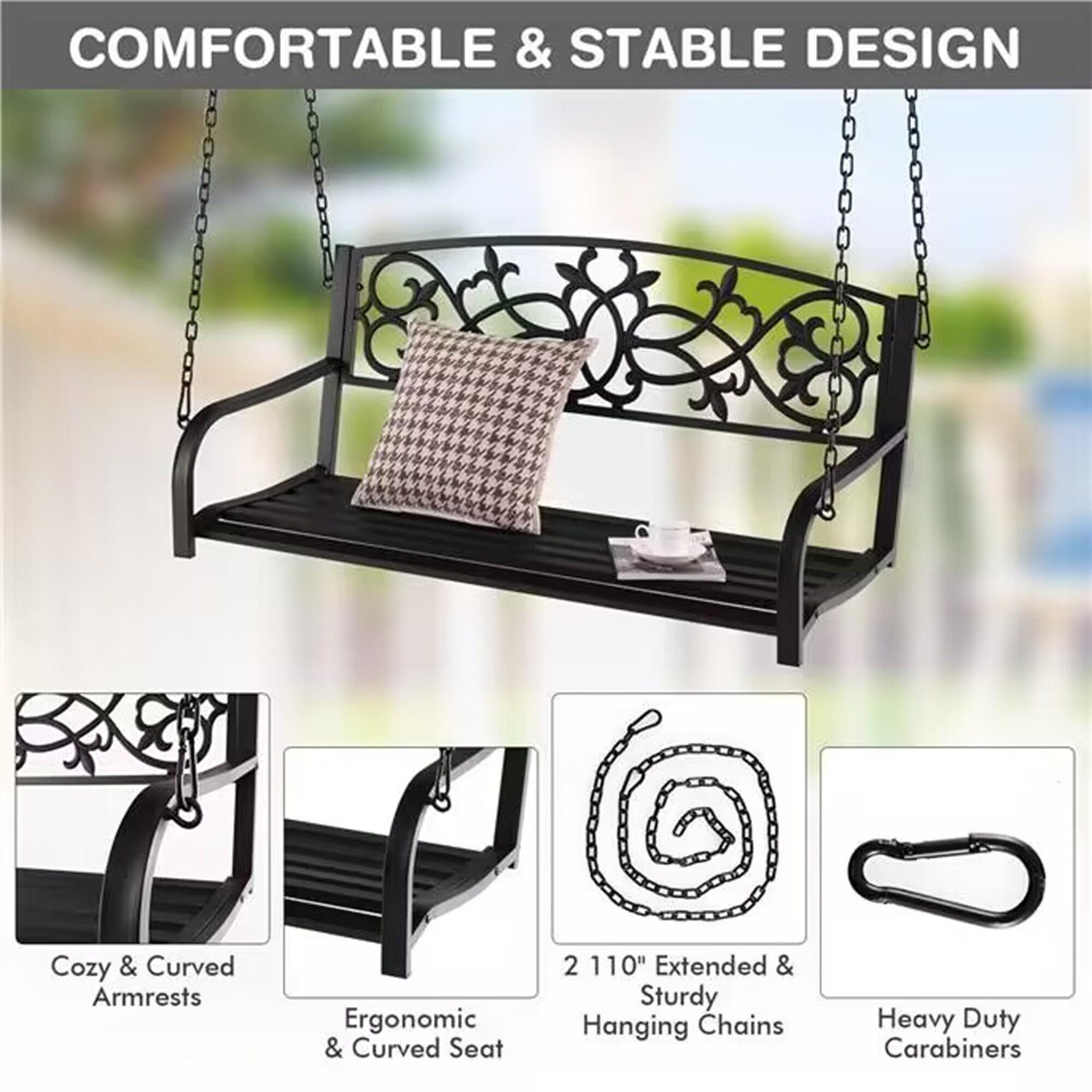 Kadyn Patio Swings for Porch,Comfortable Porch Swings,2-Person Outdoor Porch Metal Hanging Swing Chair with Sturdy Chains-Black
