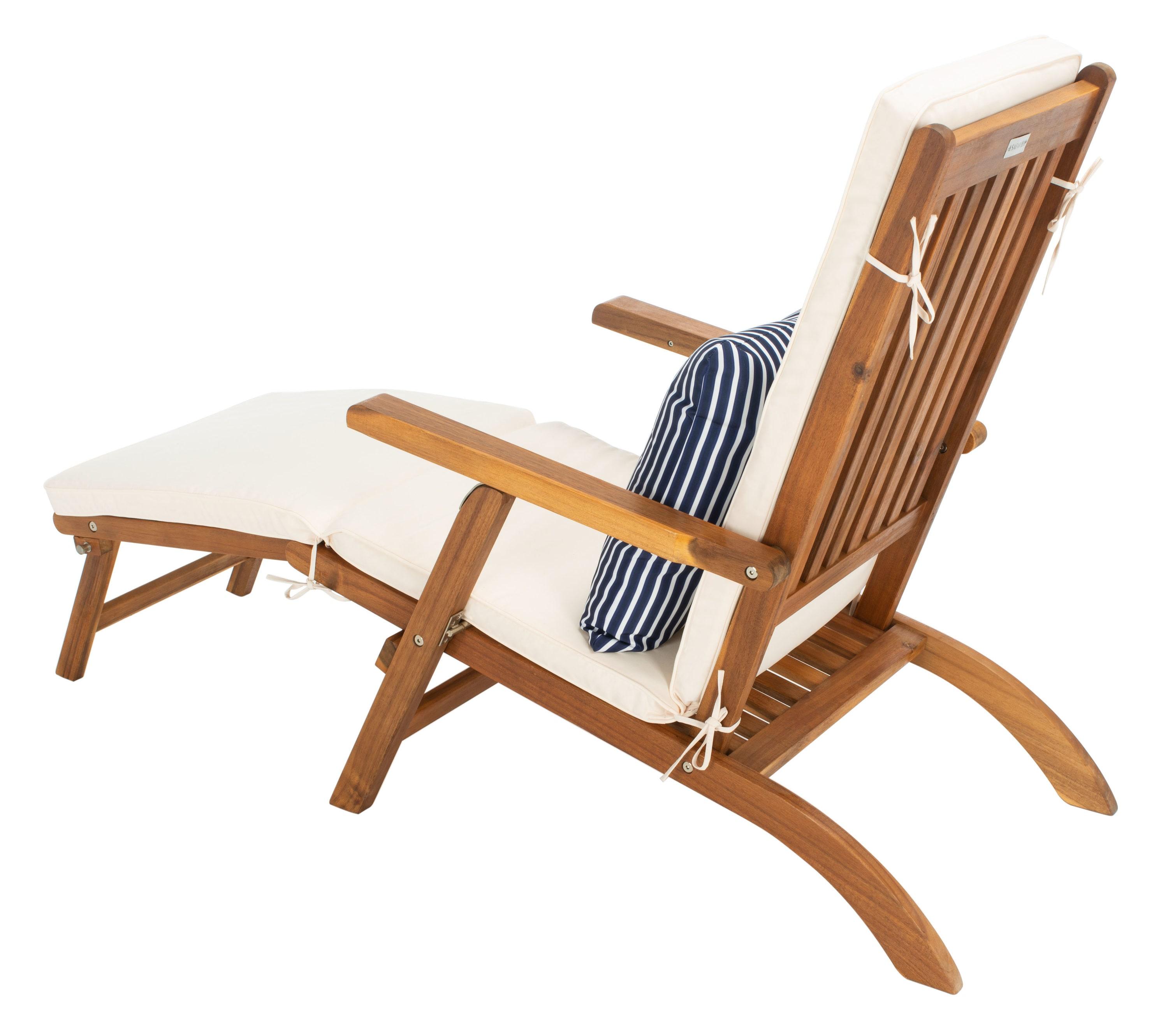 Palmdale Lounge Chair - Outdoor - PAT7015 - Natural/Beige + Blue Stripped Pillow -Safavieh