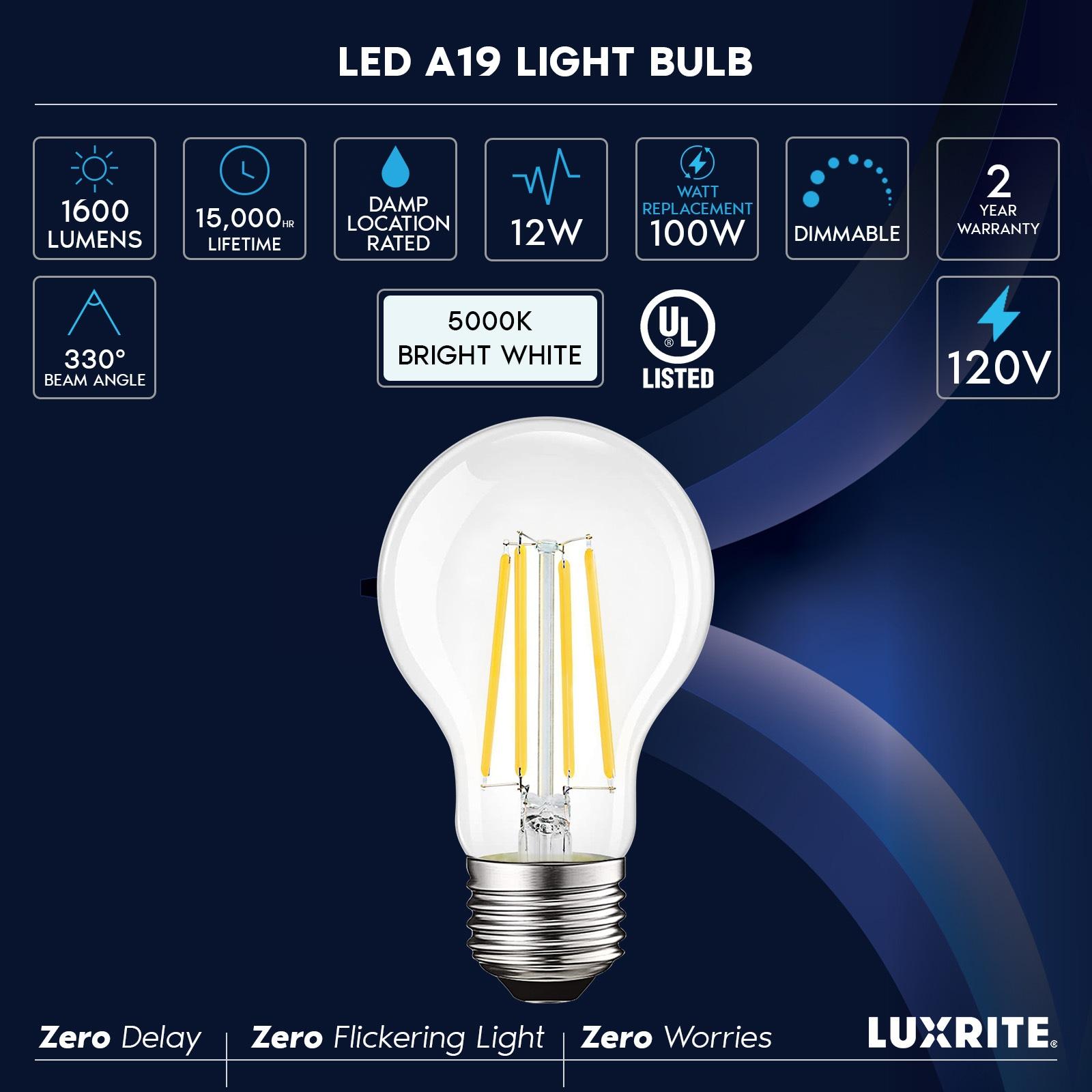 Luxrite Vintage A19 LED Light Bulb 100 Watt Equivalent 1600 Lumens 5000K Bright White Dimmable 12W Damp Rated UL E26 Base 2 Pack