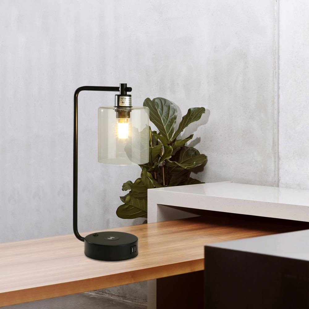 19" Clear Table Lamp with Wireless Charger and Glass Shade
