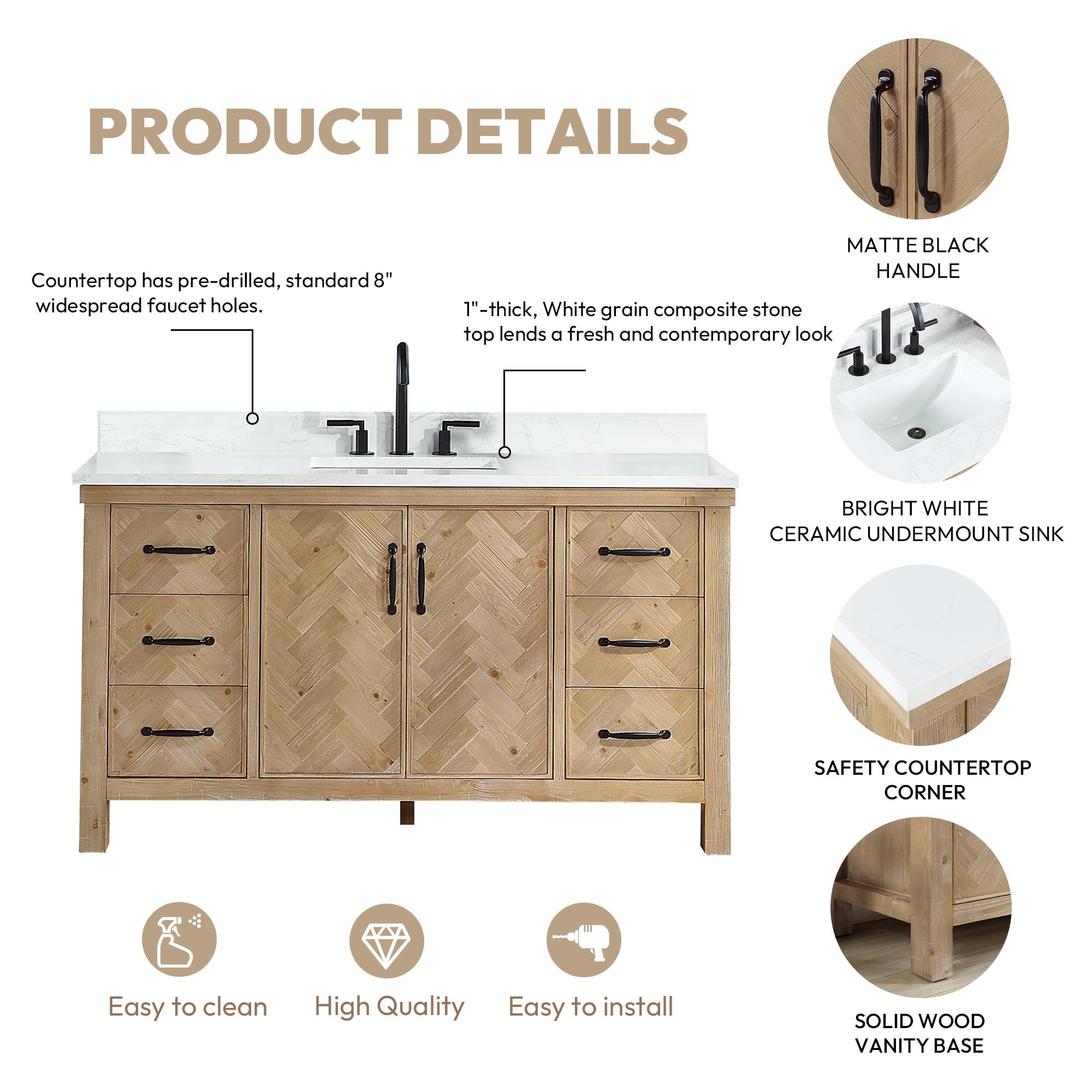Javier 60" Bath Vanity in Spruce Antique Brown with White Grain Composite Stone