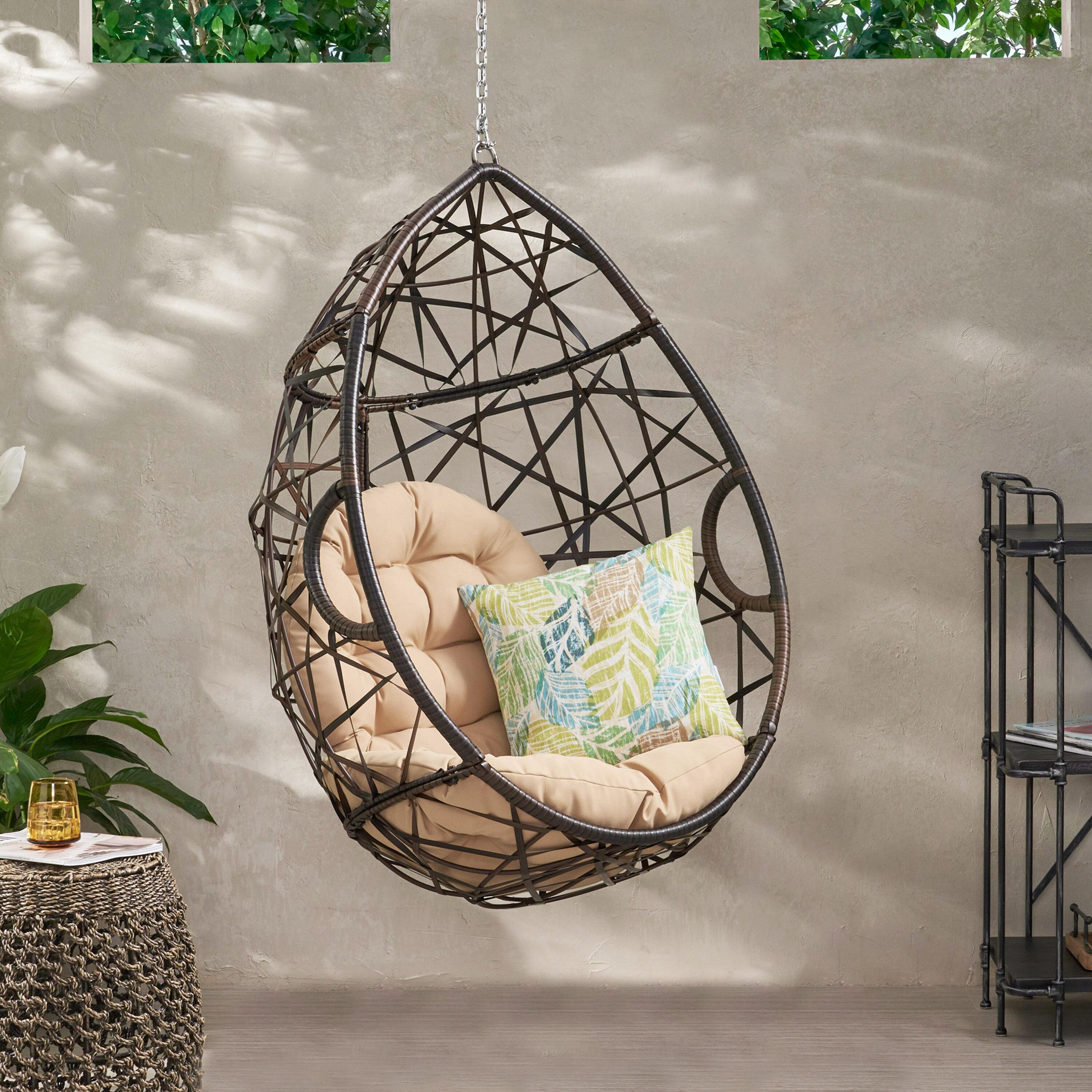 Cayuse Wicker Tear Drop Hanging Chair - Brown/Tan - Christopher Knight Home: Outdoor Patio Swing with Cushion