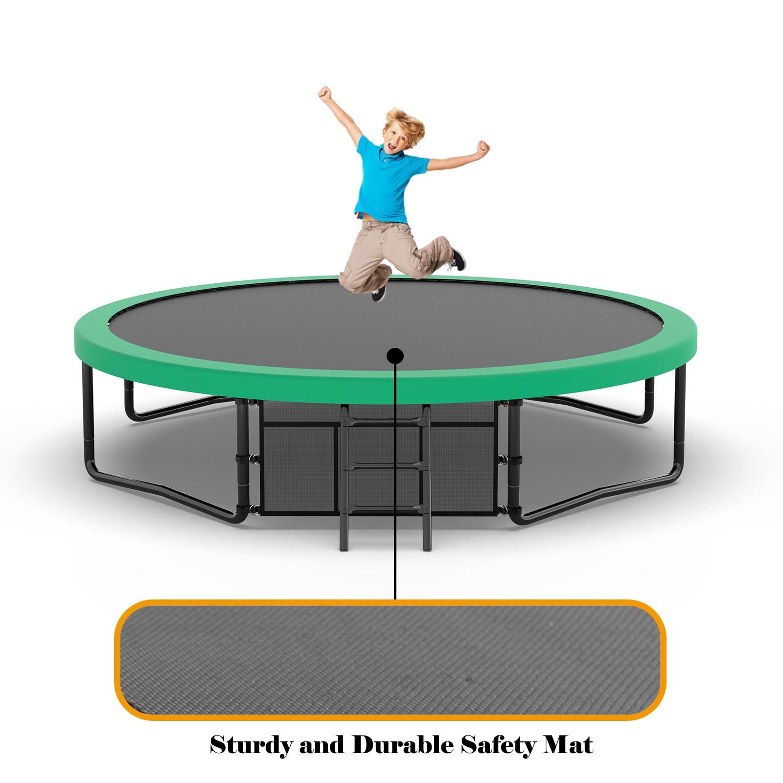12FT Round Trampoline with Basketball Hoop for Kids, Outdoor Recreational Trampolines with Safety Enclosure Net & Ladder, 880 LBS Weight Capacity, Green