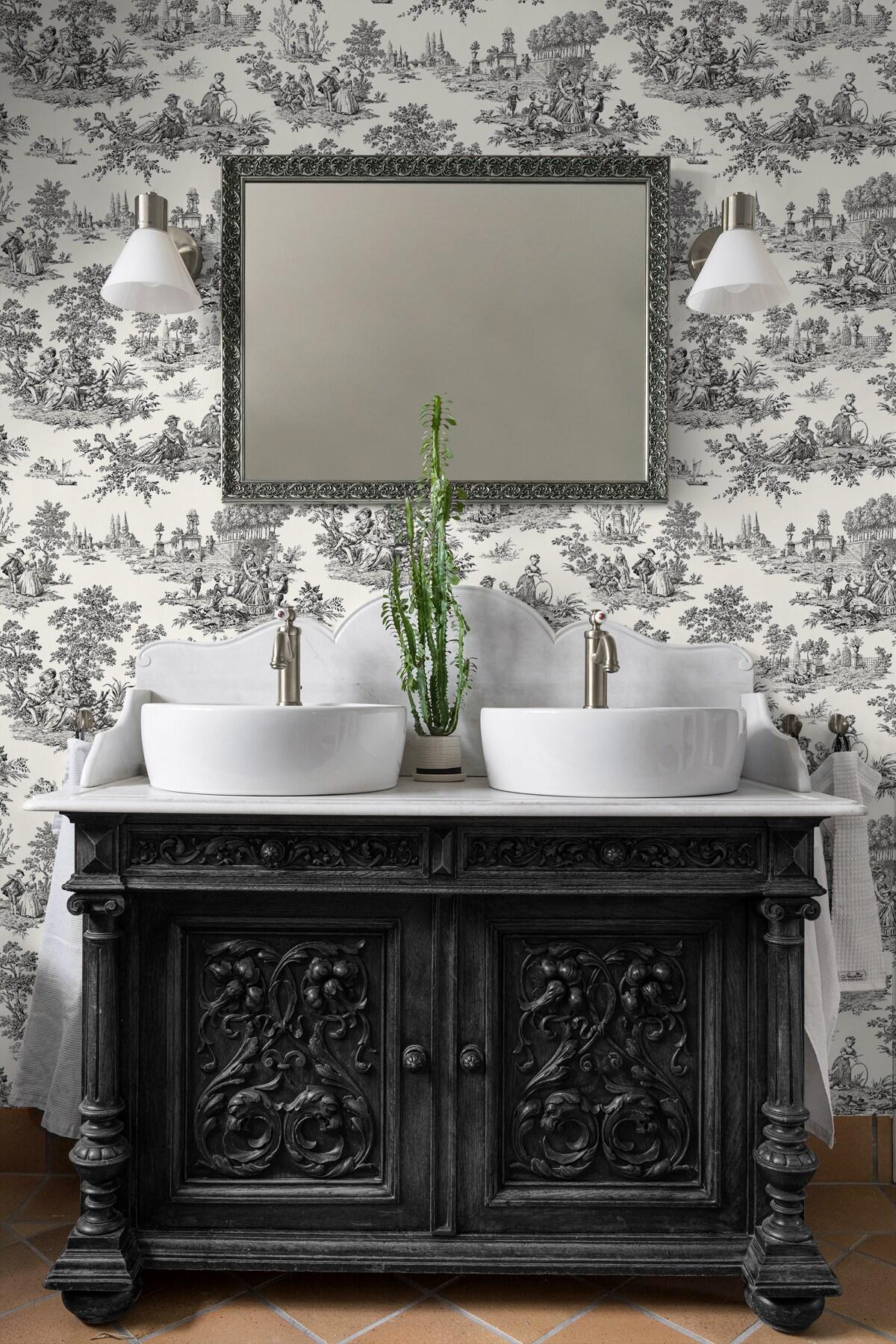 NextWall Inkwell Chateau Toile Peel and Stick Wallpaper