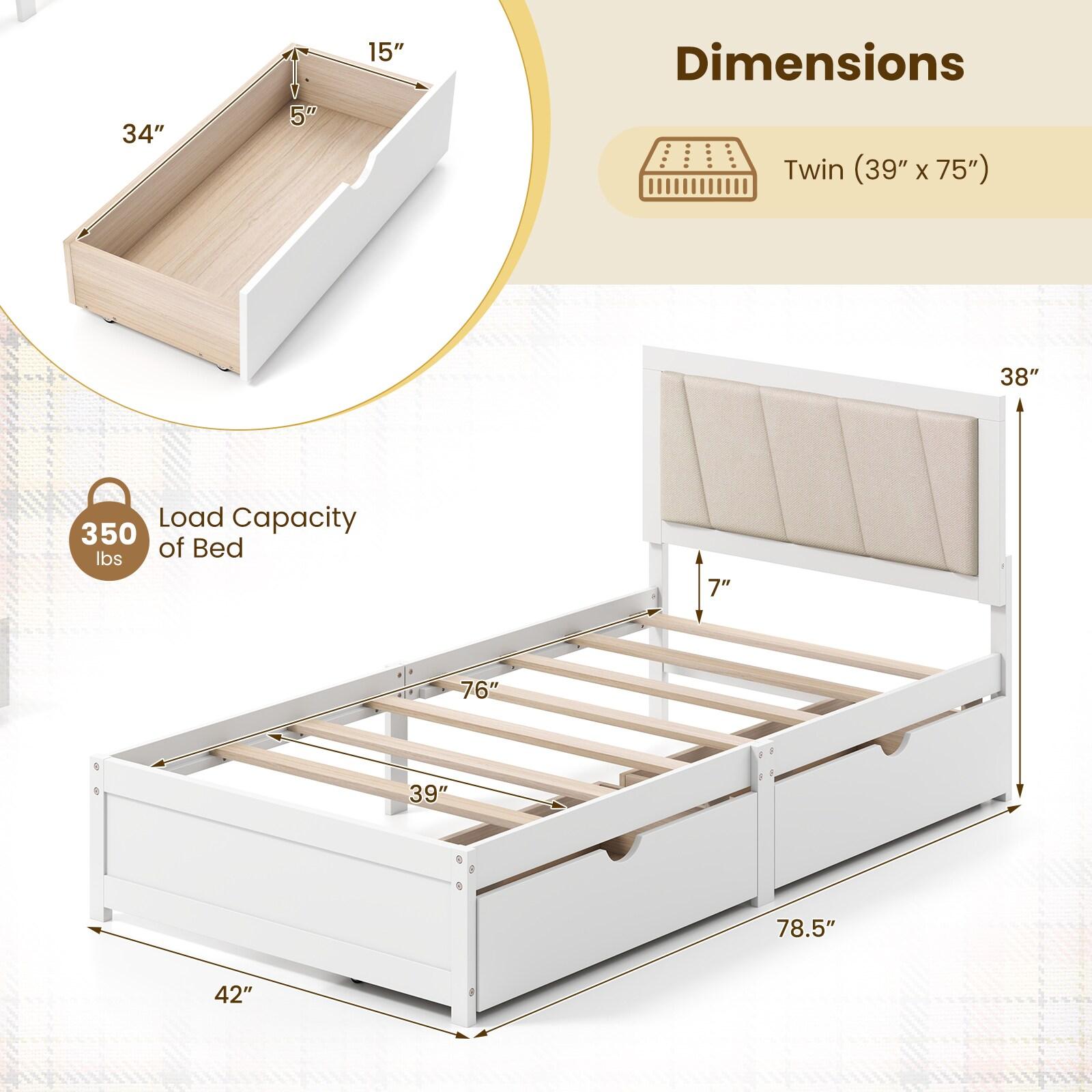 Costway Twin Size Bed Frame with 2 Storage Drawers Upholstered Headboard Wood Structure