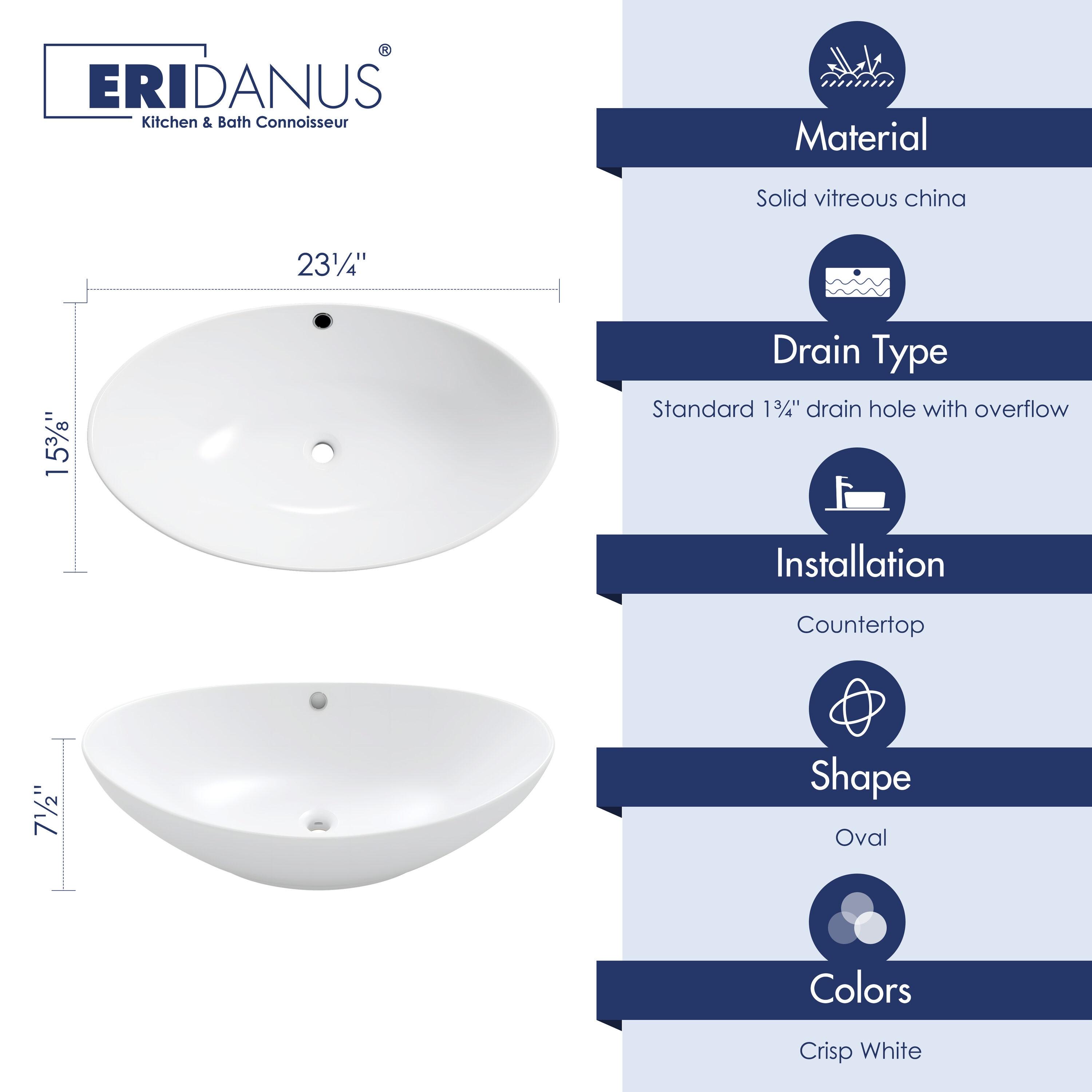 Eclisse 23" x 15" White Vitreous China Oval Bathroom Vessel Sink with Overflow
