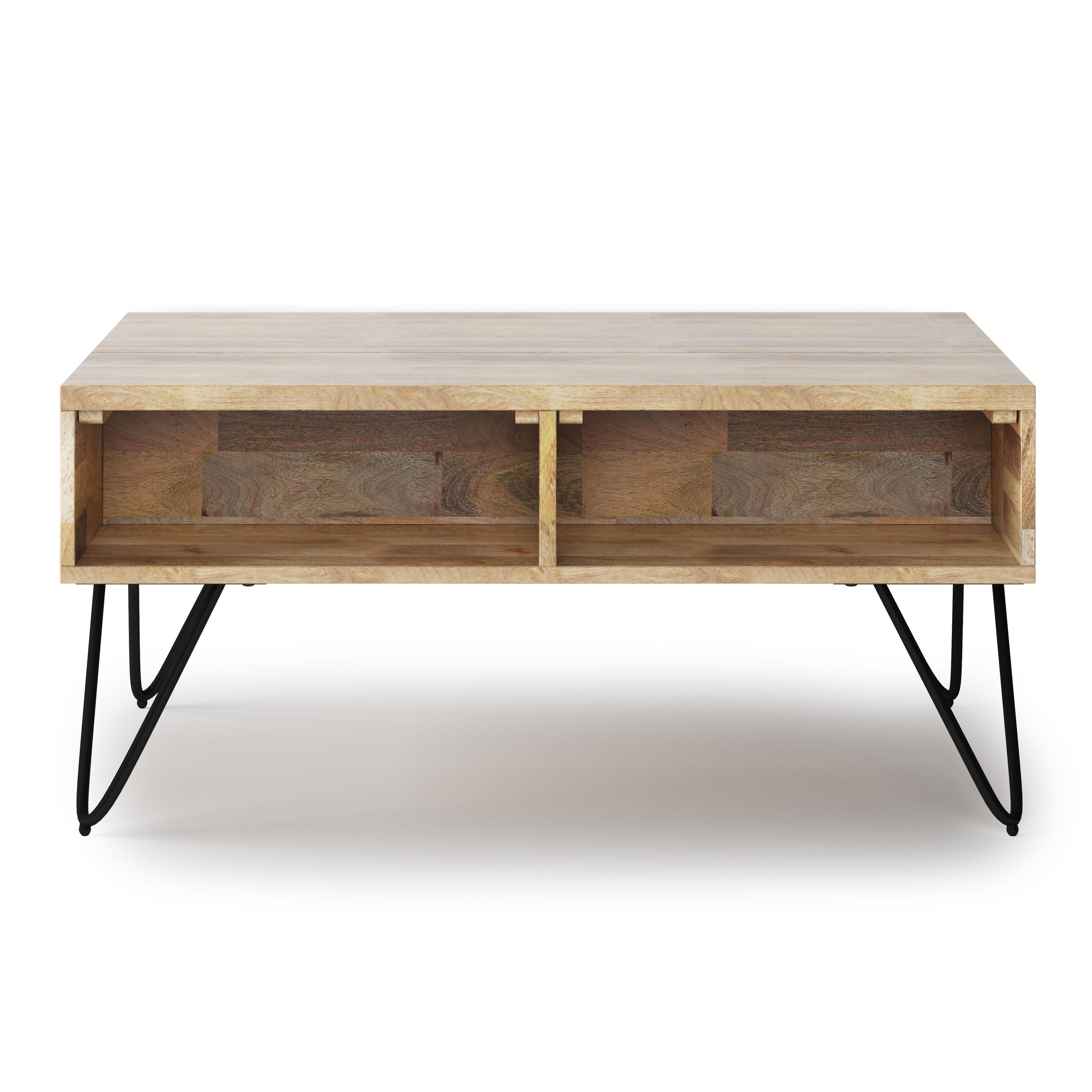 Hunter Solid Wood Industrial Small Lift Top Coffee Table with Hidden Storage and Metal Hairpin Legs.