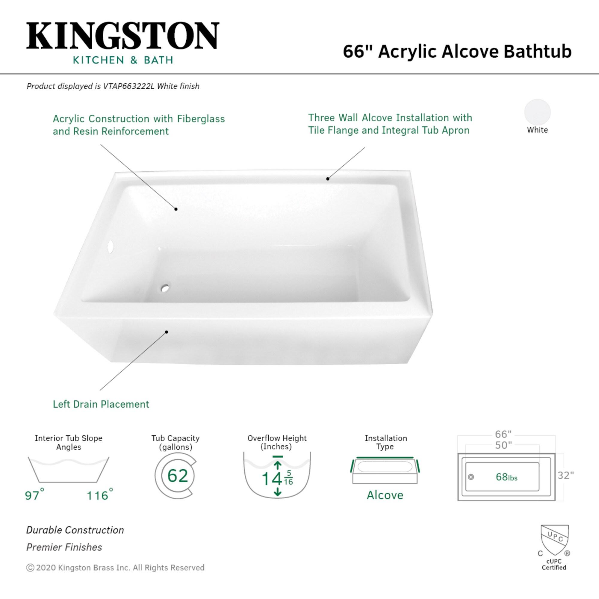 Kingston Brass Aqua Eden 66-Inch Acrylic Rectangular 3-Wall Alcove Tub