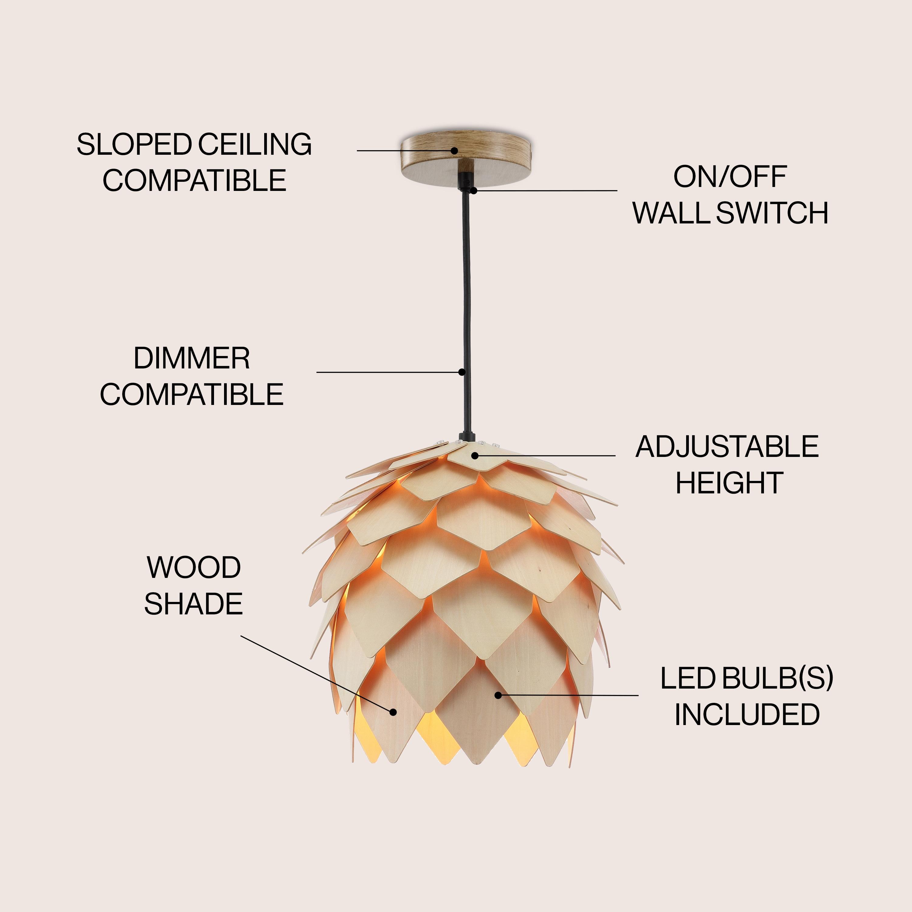 HOZO JYL6125A Simon 11.75" Pinecone Wood LED Pendant Contemporary Dimmable Adjustable Dining Room Living Room Kitchen Foyer Bedroom Hallway, Natural