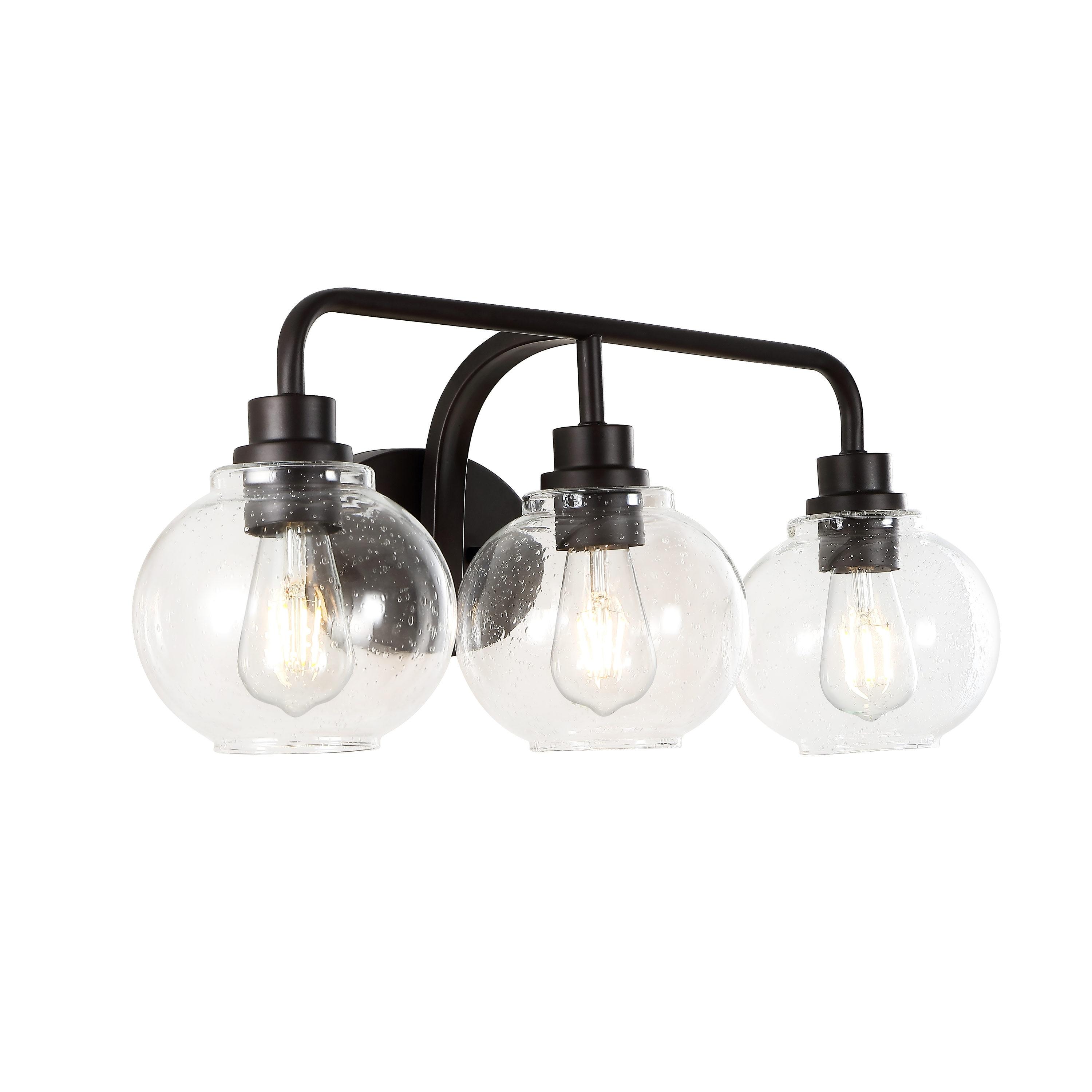 JONATHAN Y Sandrine 26.25" 3-Light Iron/Seeded Glass Cottage Rustic LED Vanity Light, Oil Rubbed Bronze