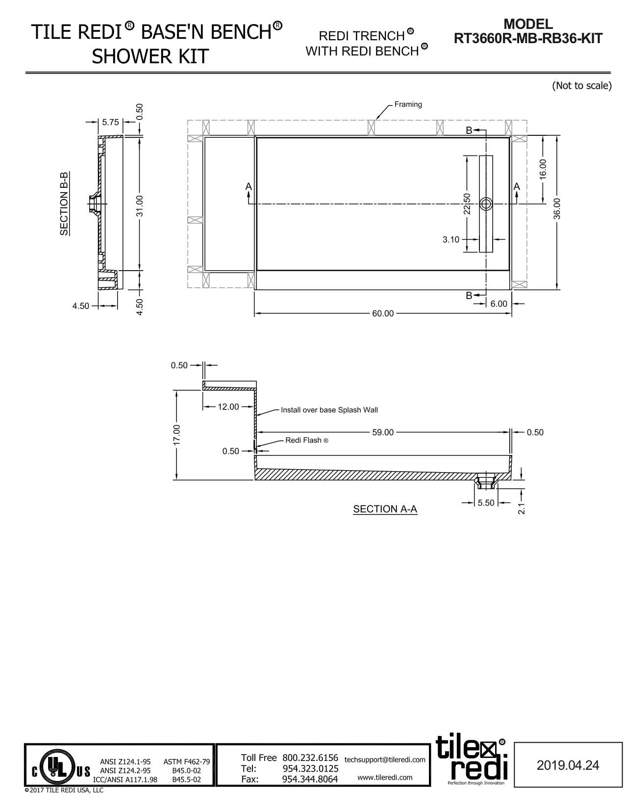 Tile Redi Rt3660r-Rb36-Kit Base'n Bench 72" X 36" Rectangular Shower Base - Grey w/ Matte