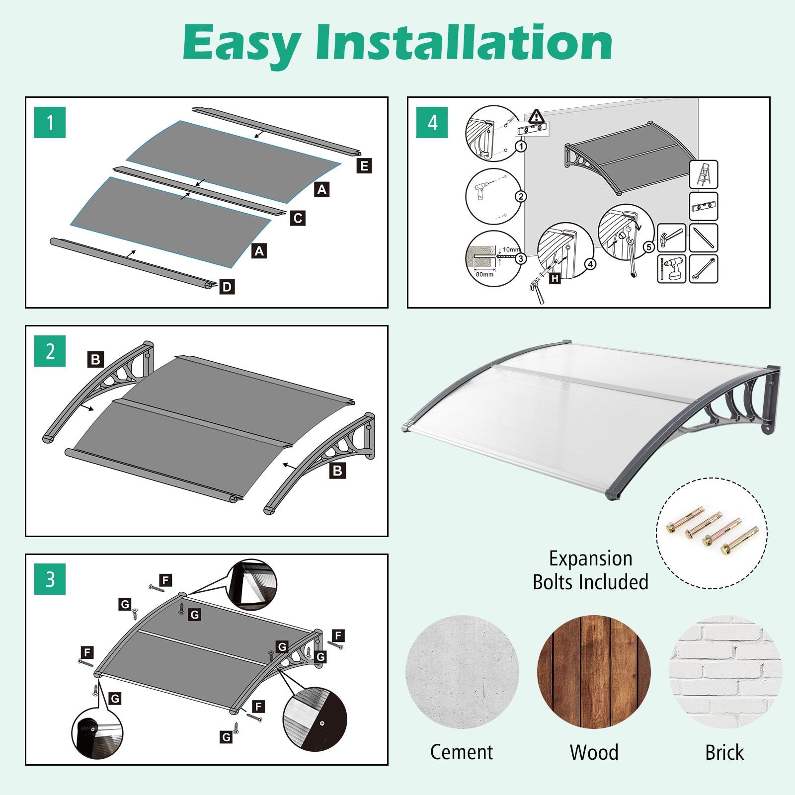 48" x 40" Window Awning, Awnings for Doors, with Hollow Sheet, Rain Snow Sunlight, Outdoor Awning Canopy Exterior for Porch, Deck, Patio, Balcony, Gray
