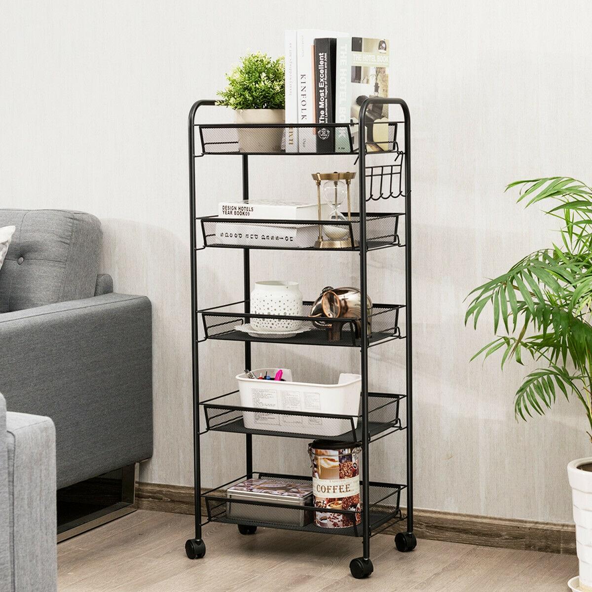 Costway 5 Tier Storage Rack Trolley Cart Home Kitchen Organizer Utility Baskets Black
