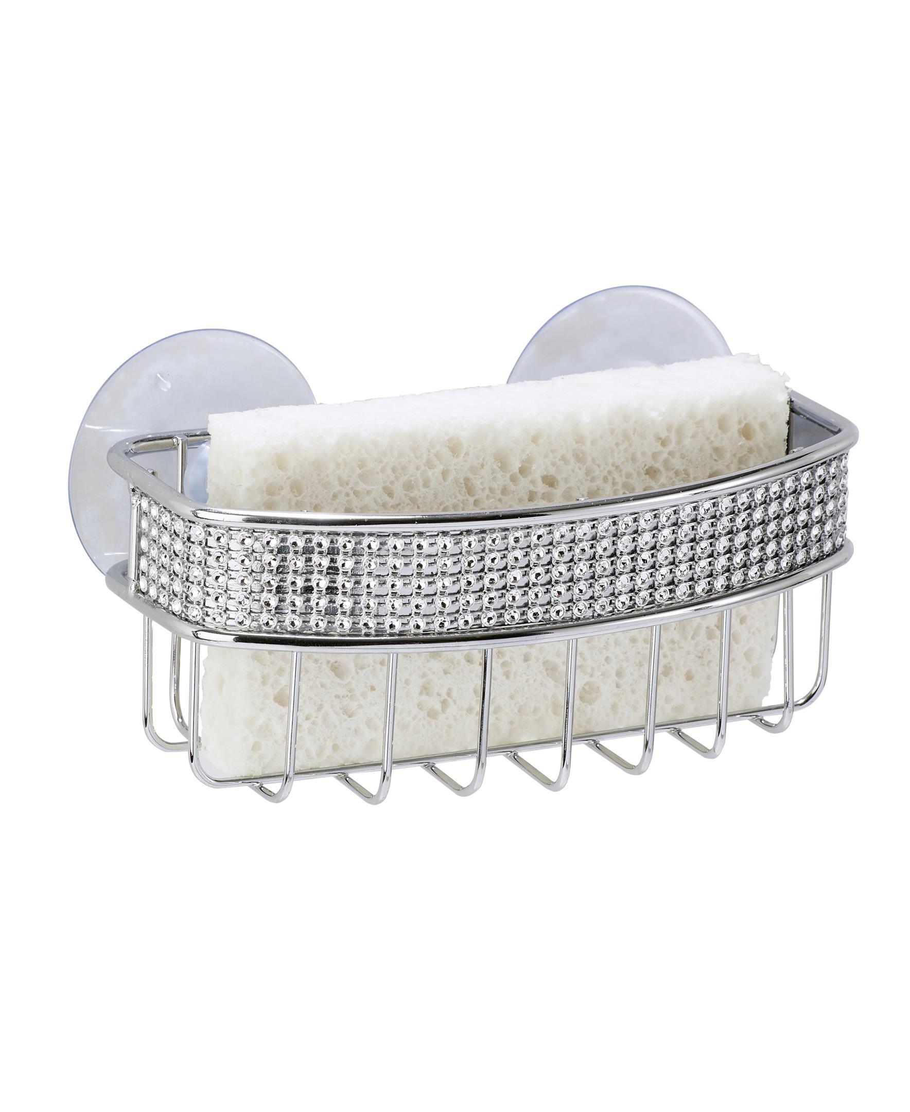 Kitchen Details Sponge Holder with 2 Suction Cups Metal Sink Caddy, Chrome, 5.71" x 2.76" x 2.36"