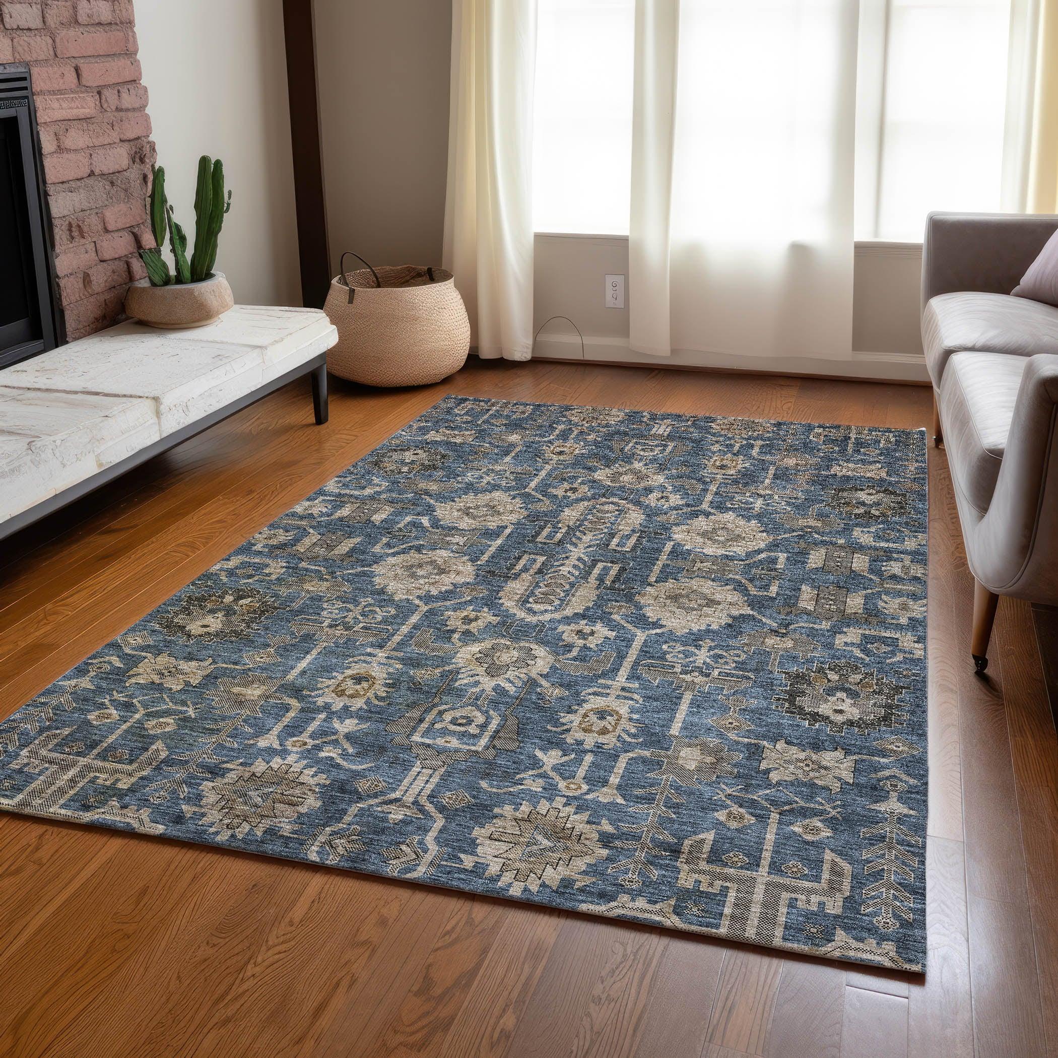 Navy and Beige Synthetic Flat Woven 8' x 10' Oriental Rug