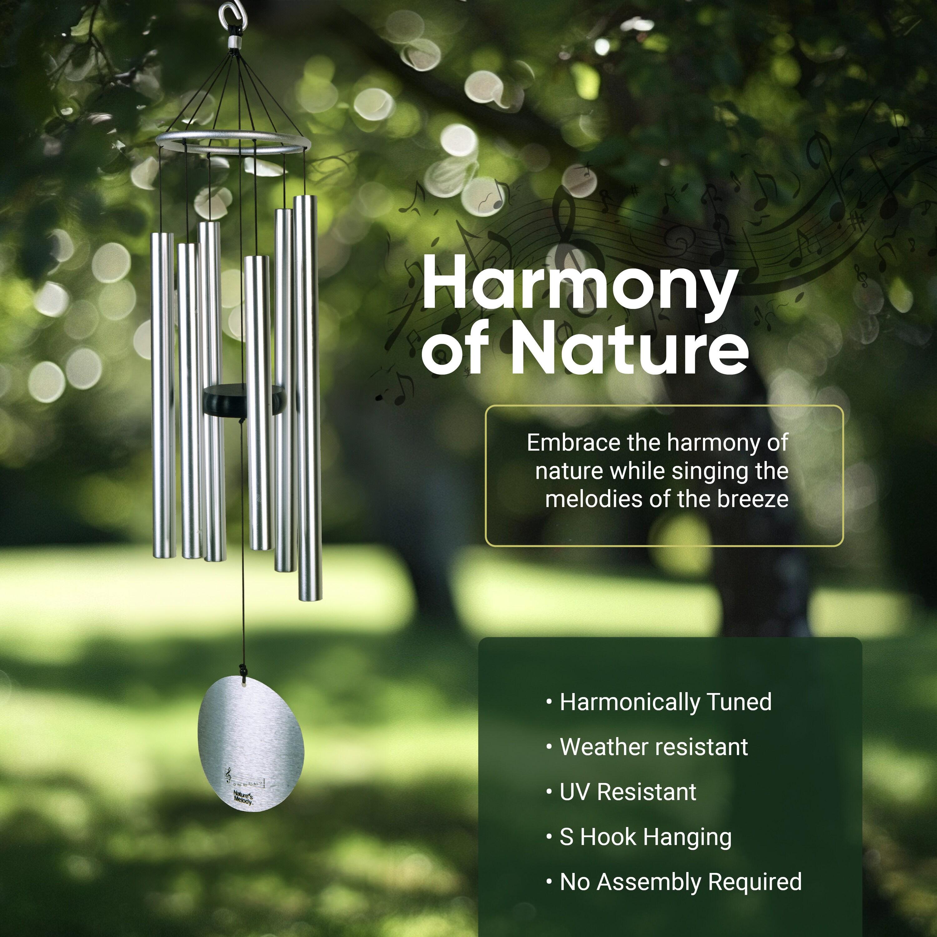 Nature's Melody Aureole Tunes Wind Chimes - 6-Tube Rustproof Aluminum Outdoor Windchime, B Pentatonic Scale - 28" - Silver