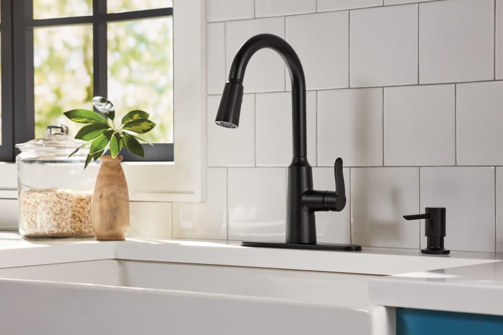 Matte Black High Arc Pull-Down Kitchen Faucet with Soap Dispenser