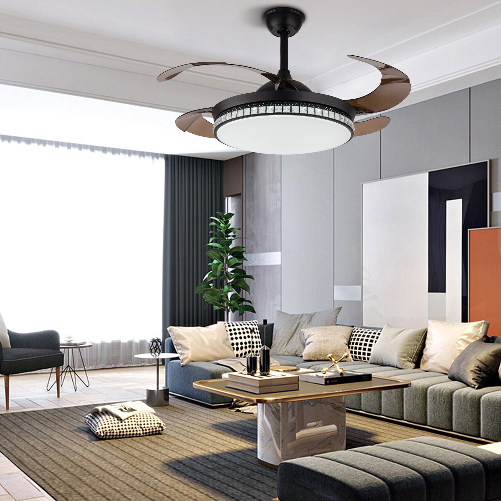 42 inch Modern Ceiling Fan with Light Remote Contro, 4-Blades Retractable LED Chandelier Fan Ceiling Light Fixture for Dining Room Living Room Black