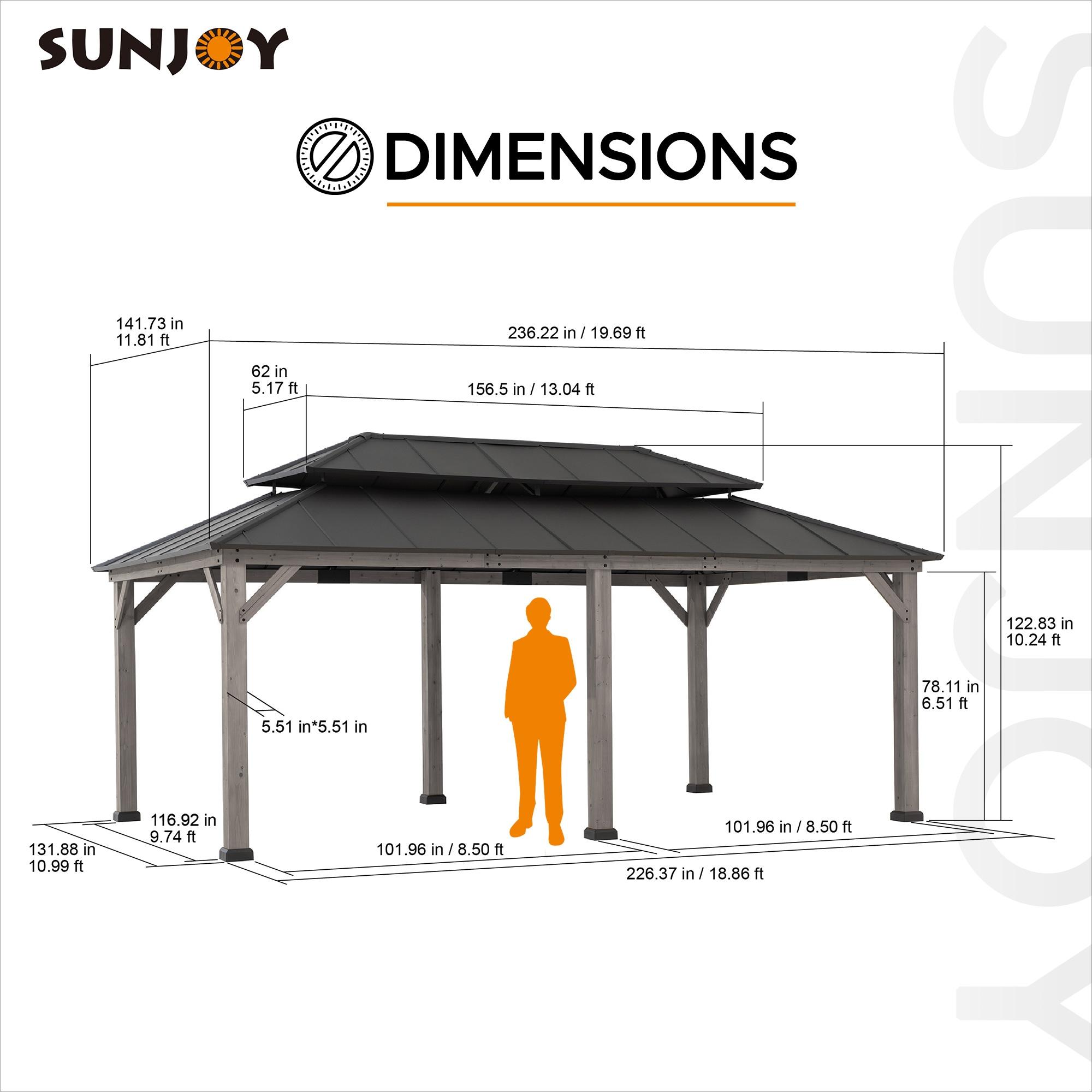 Sunjoy 12 x 20 ft. Wood Gazebo, Outdoor Patio Aluminum Hardtop Gazebo, Cedar Framed Wooden Gazebo with 2-Tier Roof, Suitable for Patios, Lawn and Backyard