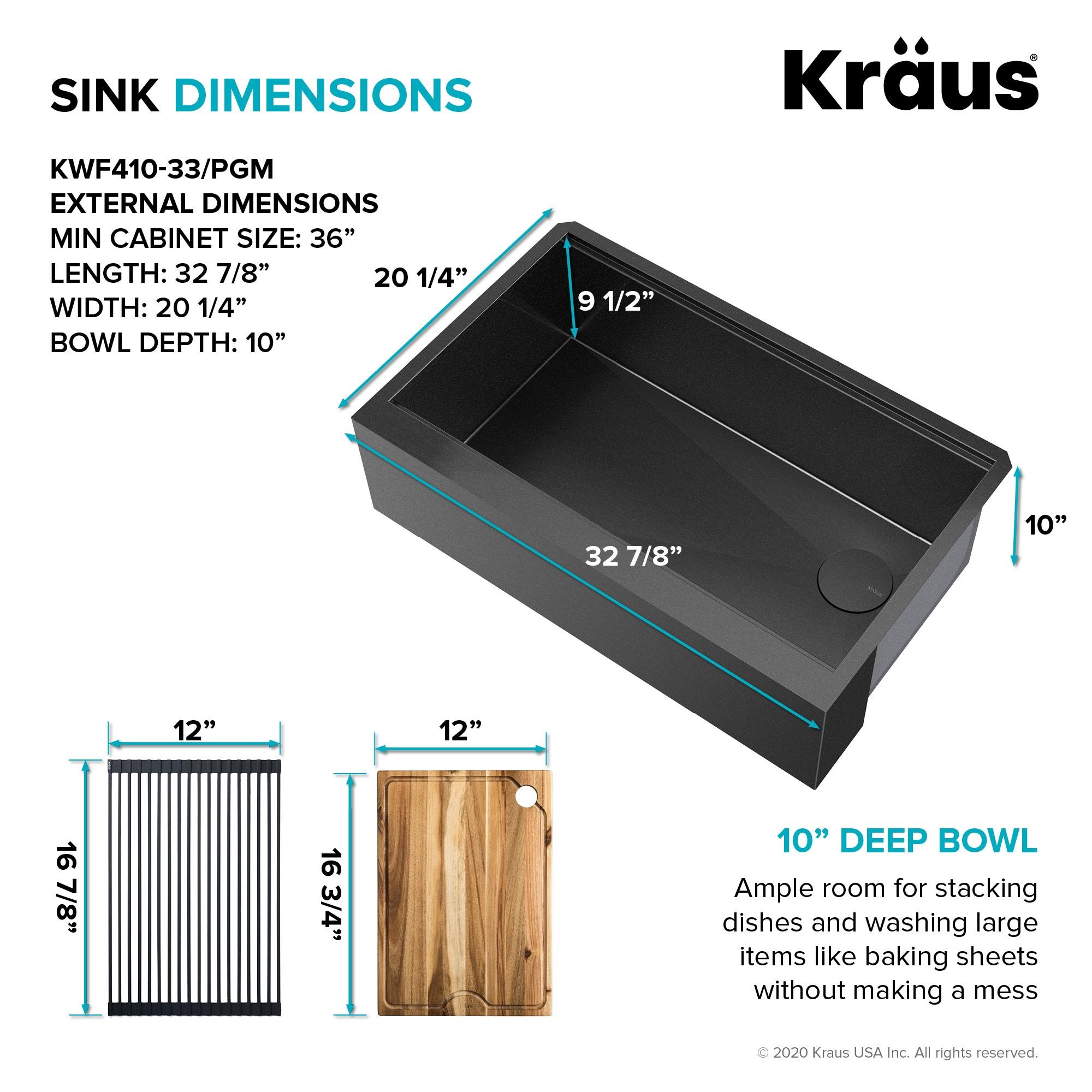 KRAUS Kore™ Workstation 33" L Farmhouse Modern Flat Apron Front 16 Gauge Black Stainless Steel Single Bowl Kitchen Sink