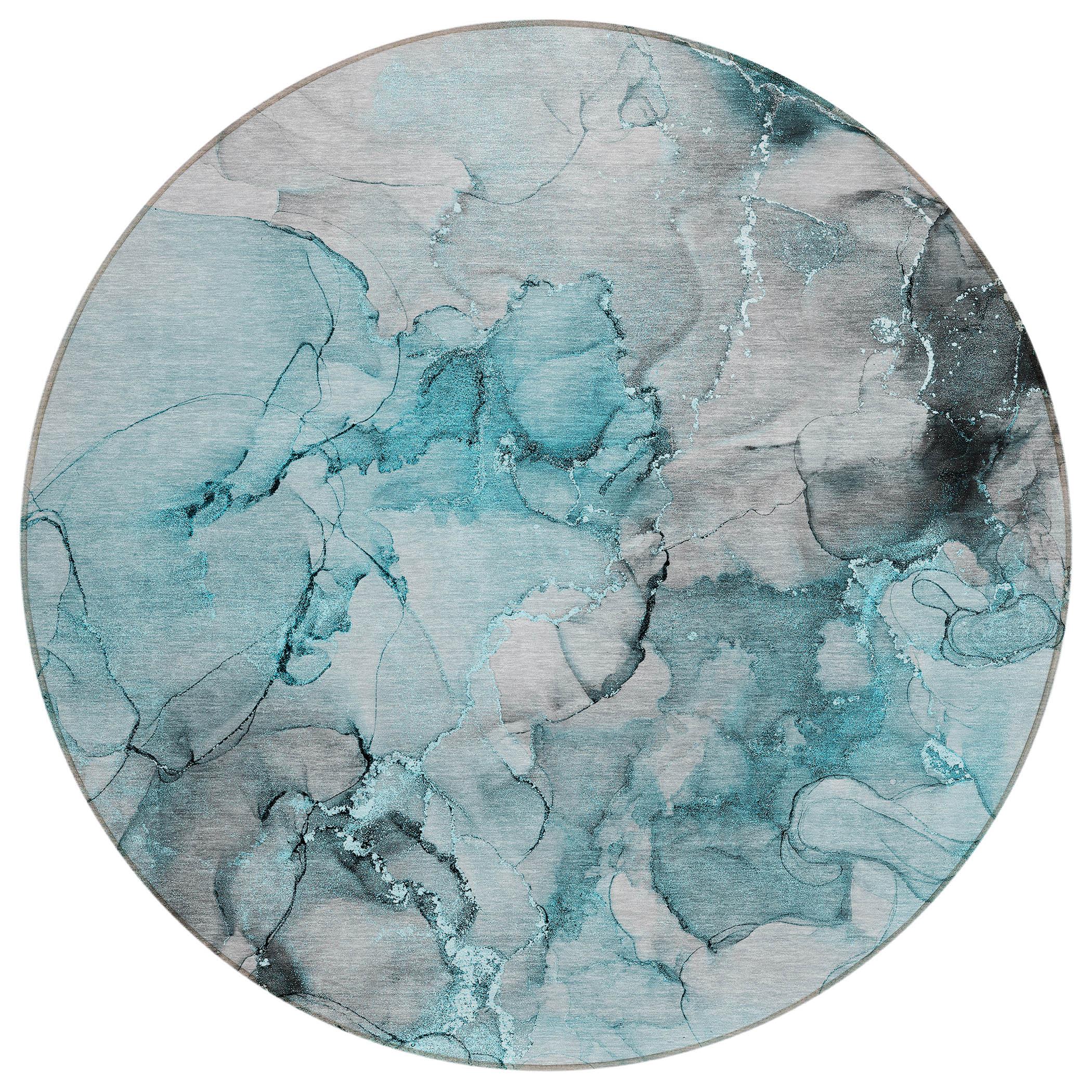 Teal and Gray Round Machine Washable Area Rug