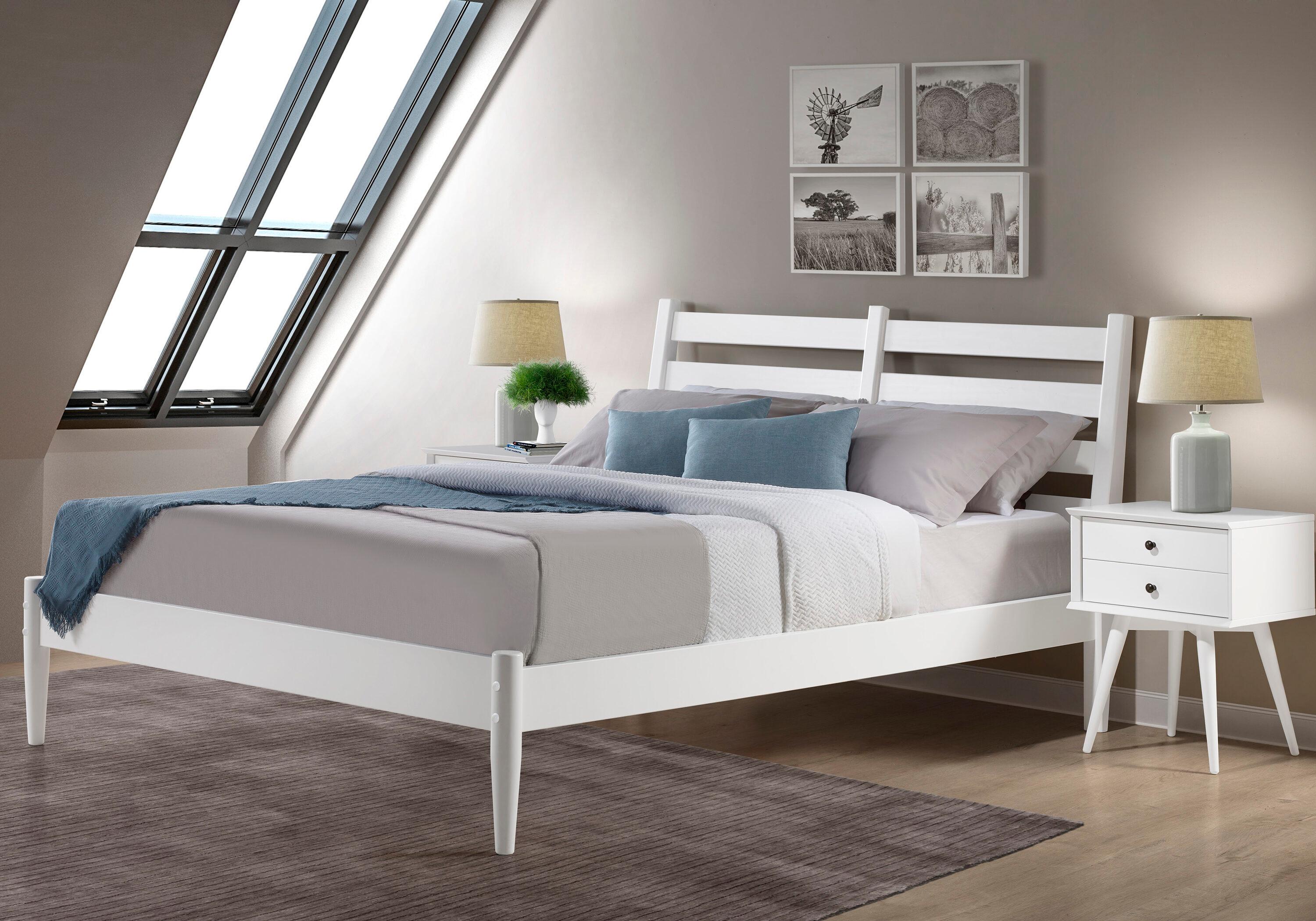 Camaflexi Mid Century Slat Bed Solid Wood Bed Frame with Headboard, King, White