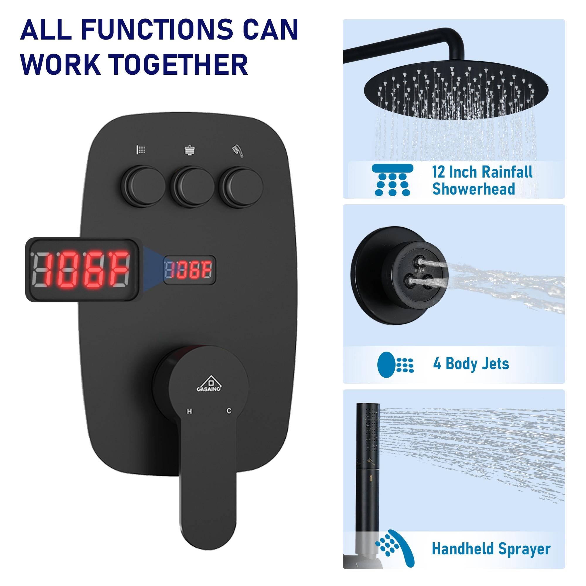 3-Function 12 Inch Temperature Digital Display Shower System With 2-Setting Slider Bar Handheld And 4Pcs Body Jets