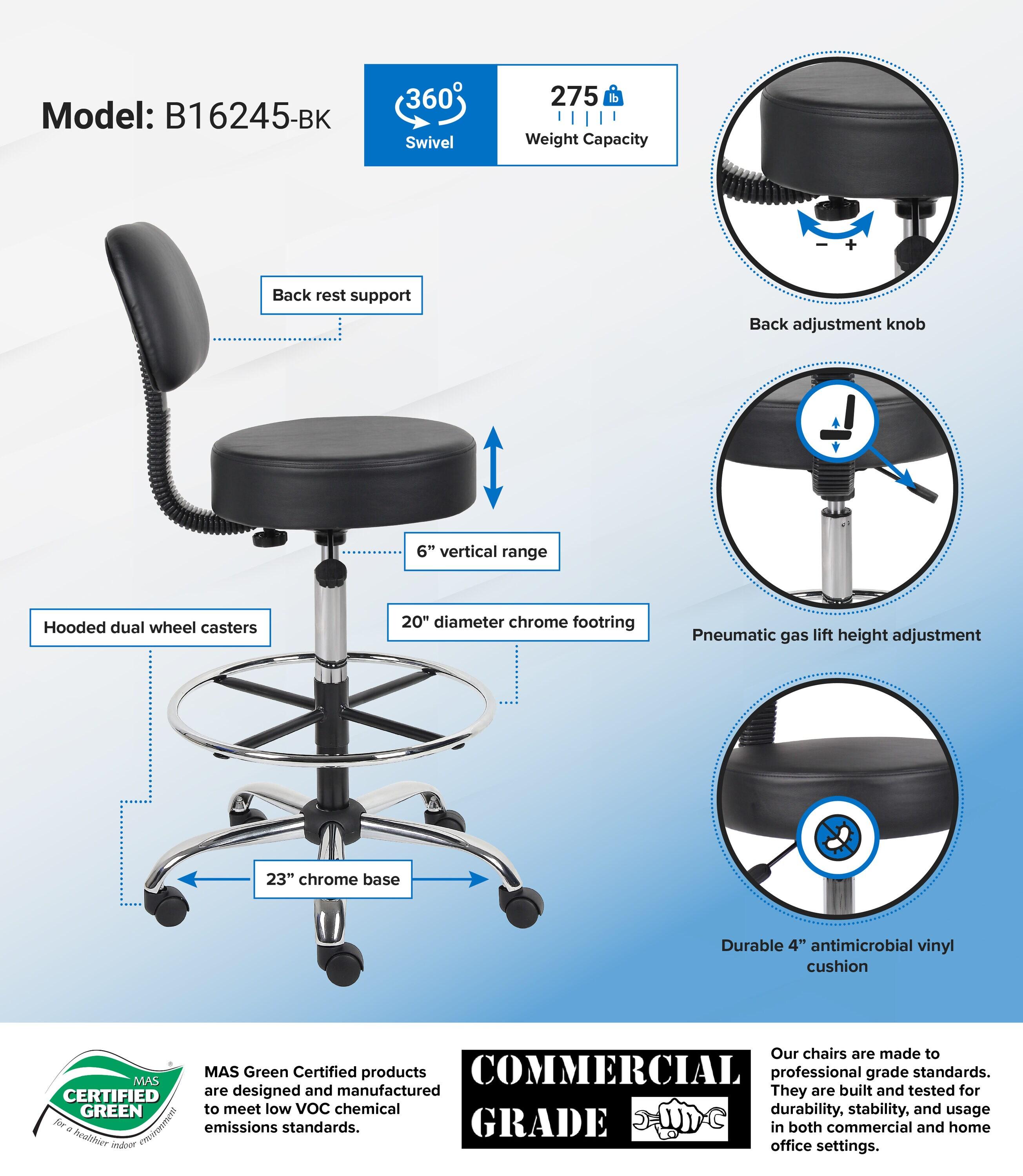 Boss Office Products Medical/Drafting Stool with Back Cushion Black: Adjustable Rolling Chair, Seat Cushion Office Chair