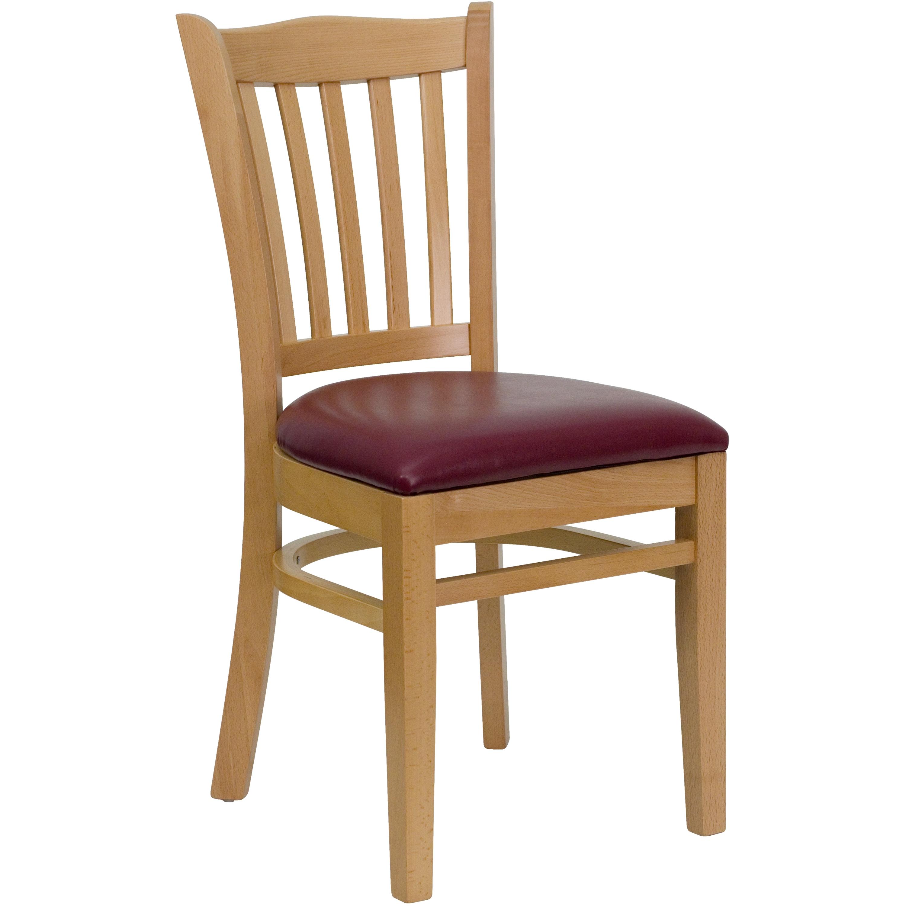 Flash Furniture HERCULES Series Vertical Slat Back Natural Wood Restaurant Chair - Burgundy Vinyl Seat