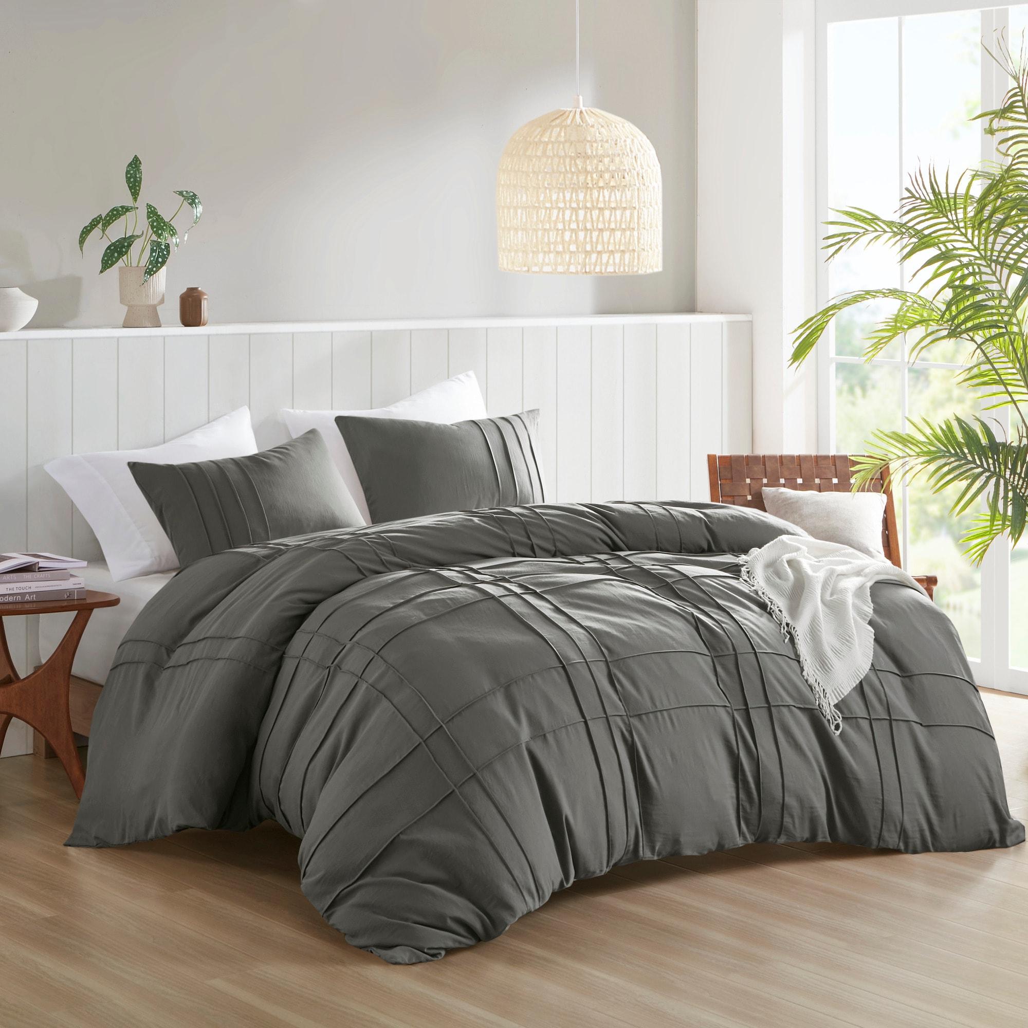 Comfort Spaces Grey Twin Size Duvet Cover Set - 2 Pieces Pintuck Pleated Duvet Cover All Season Lightweight, Extra Softness Pre-Washed Microfiber Twin Bedding Cover Shams, Twin/Twin XL
