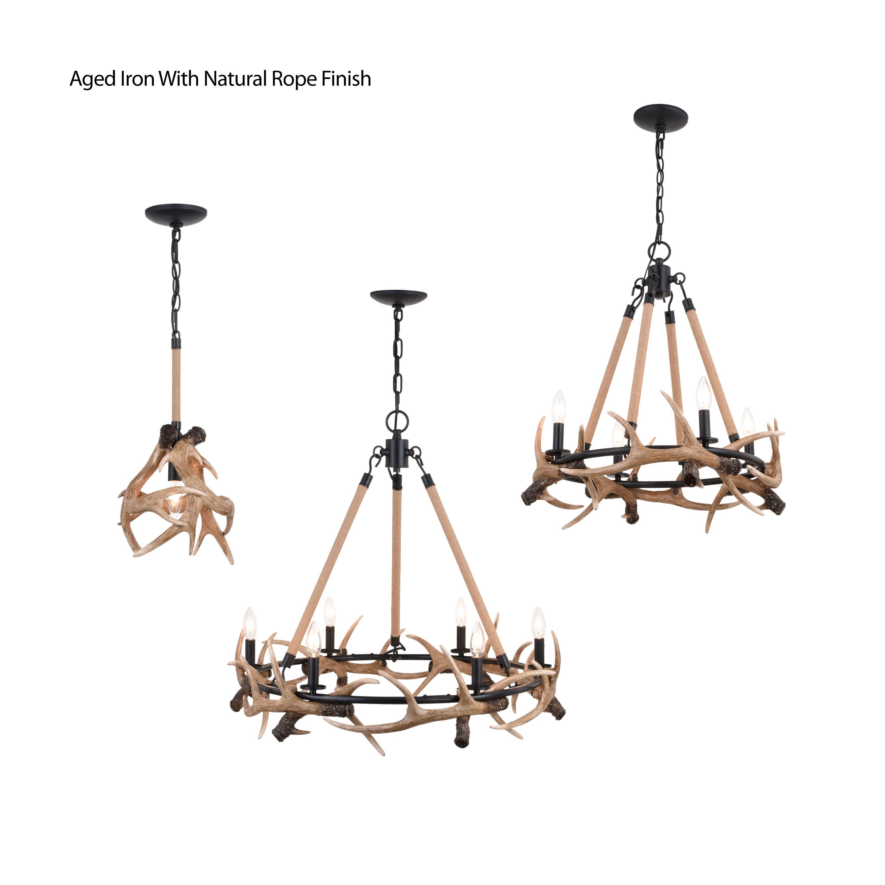 Vaxcel Breckenridge 6 Light Bronze Rustic Antler Chandelier Natural Rope Accent