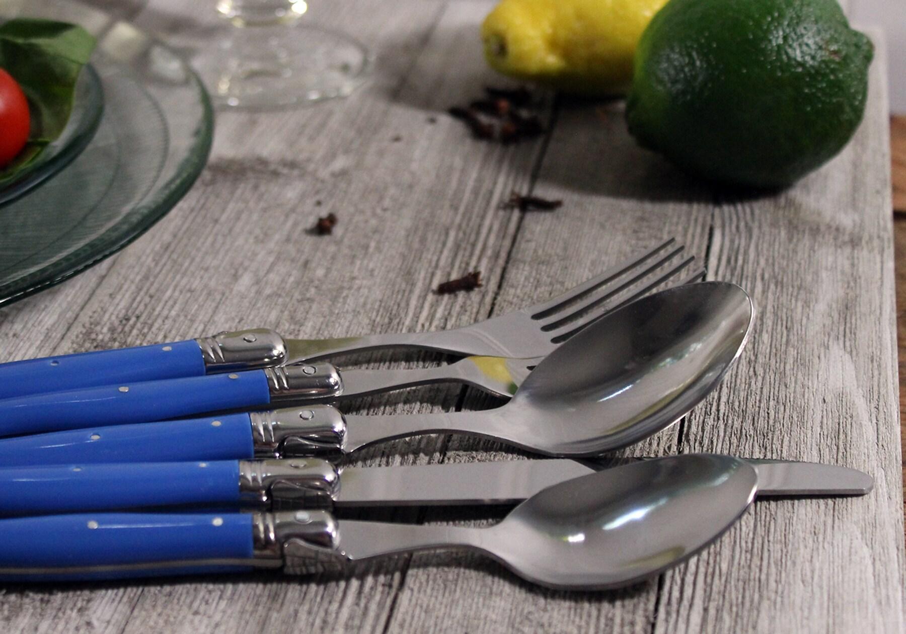 20pc Stainless Steel Laguiole Flatware Set Blue - French Home: Forks Spoons Knives Set, Dishwasher-Safe, Ergonomic Grip