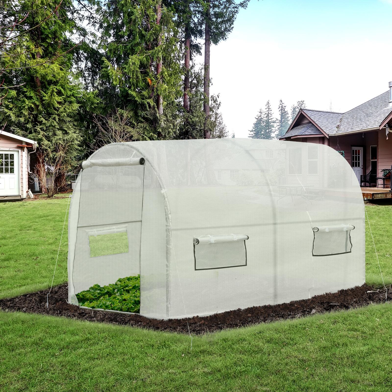 Outsunny 9.6' x 6.5' x 6.2' Walk-In PE Greenhouse with 2 Roll-up Zipper Doors & 6 Roll-up Windows for Plants, White